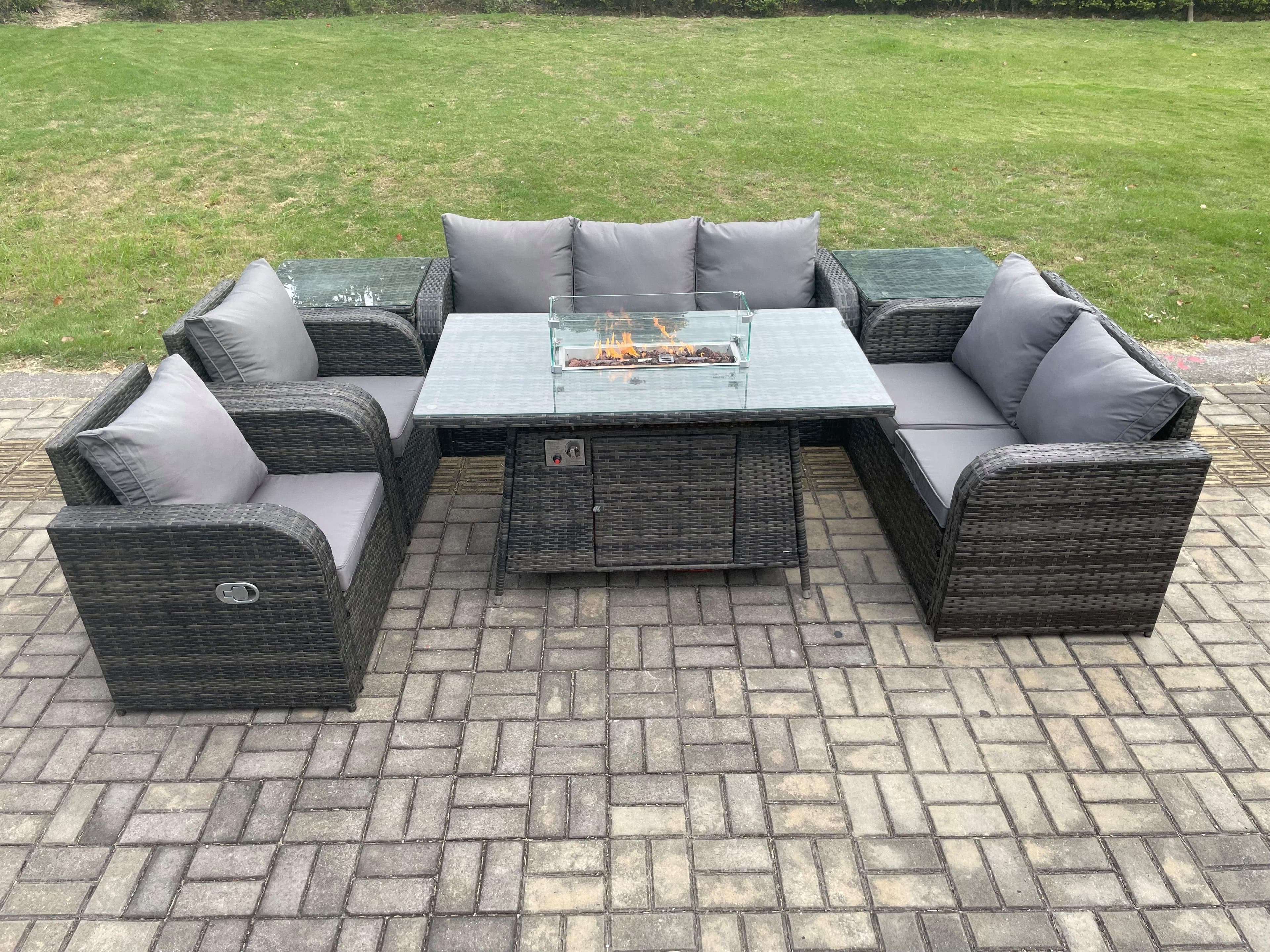 7 Seater PE Wicker Outdoor Rattan Garden Furniture Set Propane Gas Fire Pit Table Sofa Chair set 2 Side Tables
