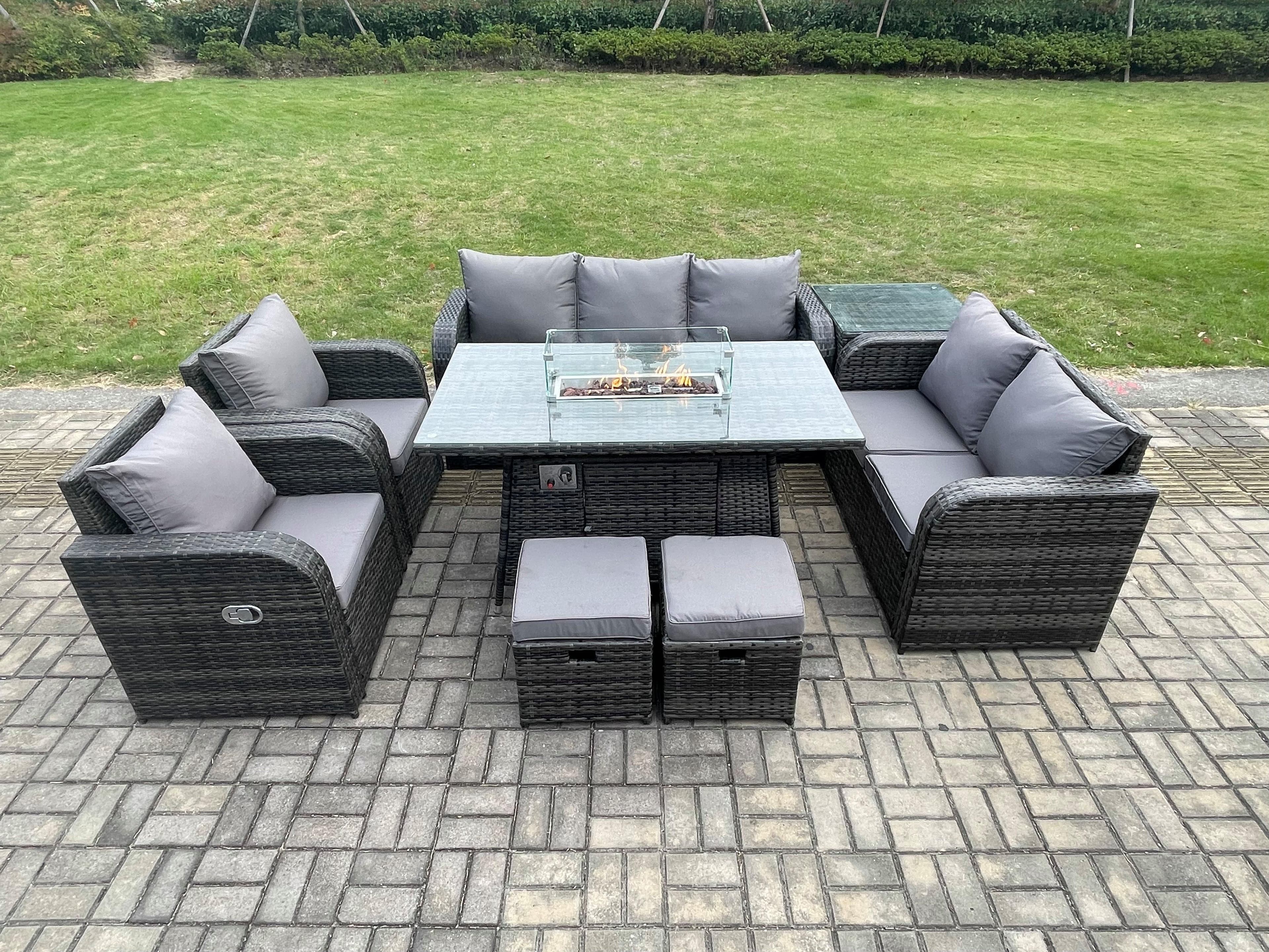 9 Seater PE Wicker Outdoor Rattan Garden Furniture Set Propane Gas Fire Pit Table Sofa Chair set Side Table 2 Footstools
