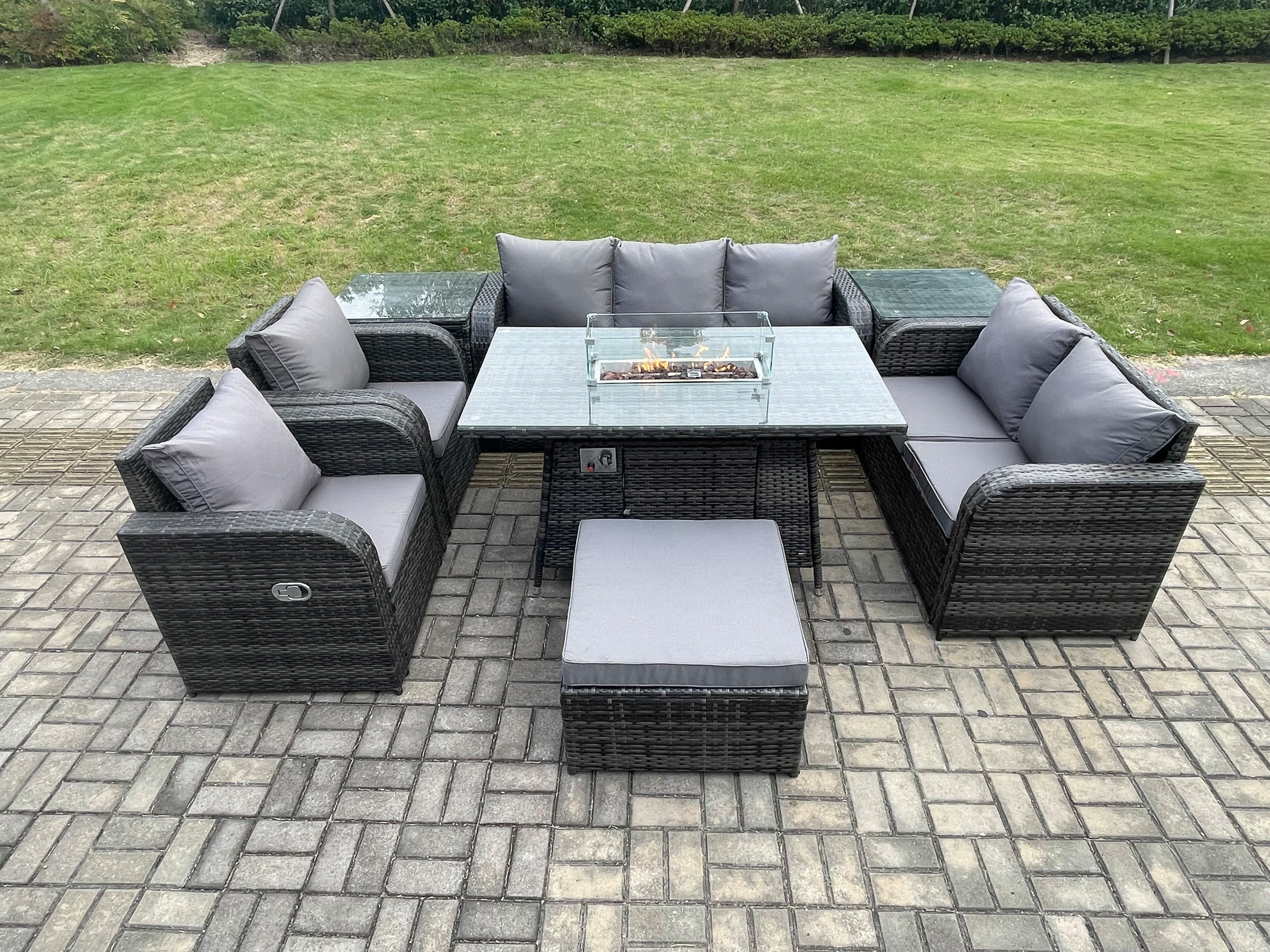 8 Seater PE Wicker Outdoor Rattan Garden Furniture Set Propane Gas Fire Pit Table Sofa Chair set 2 Side Tables Big Footstool