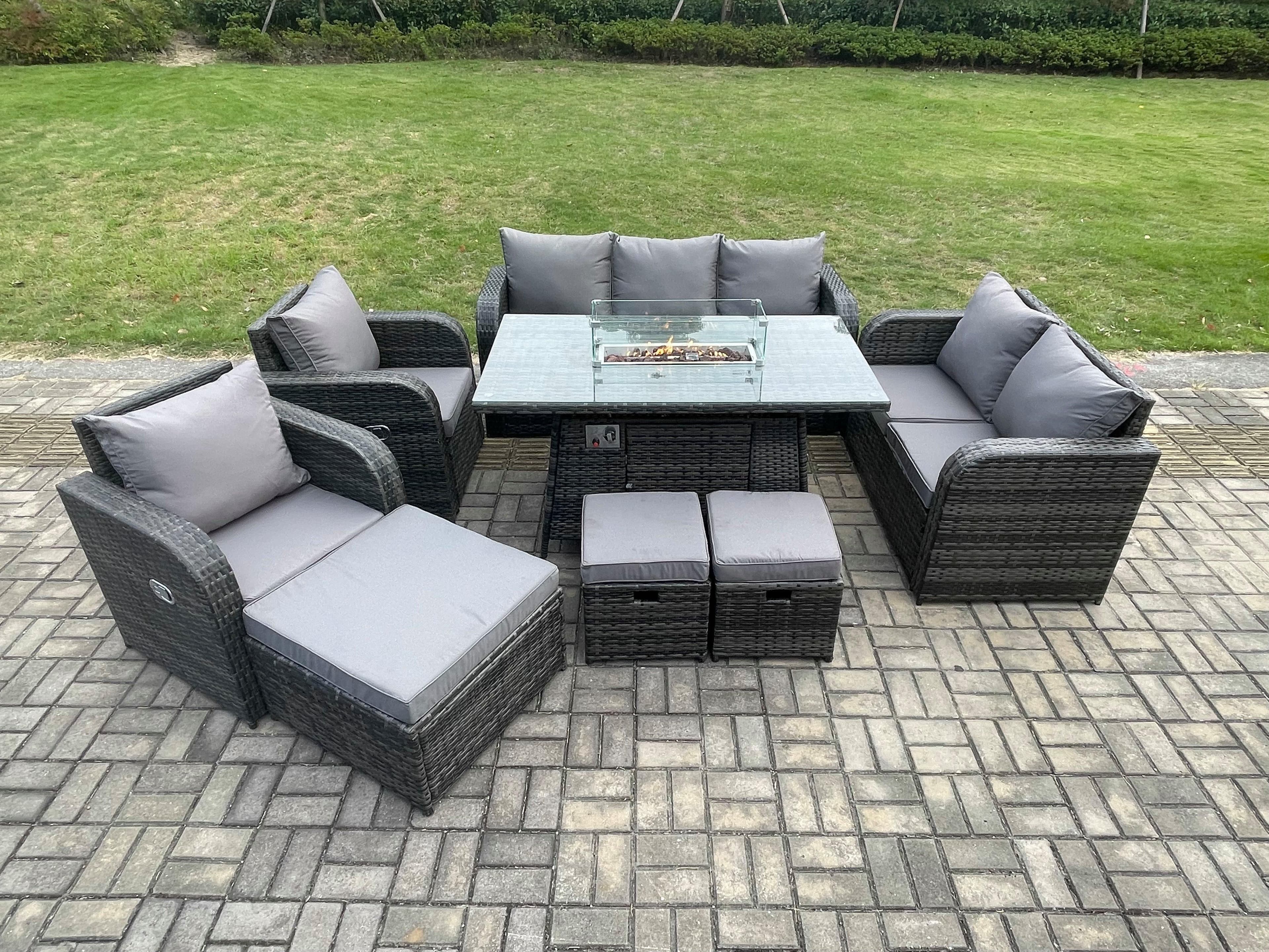 10 Seater PE Wicker Outdoor Rattan Garden Furniture Set Propane Gas Fire Pit Table Sofa Chair set 3 Footstools