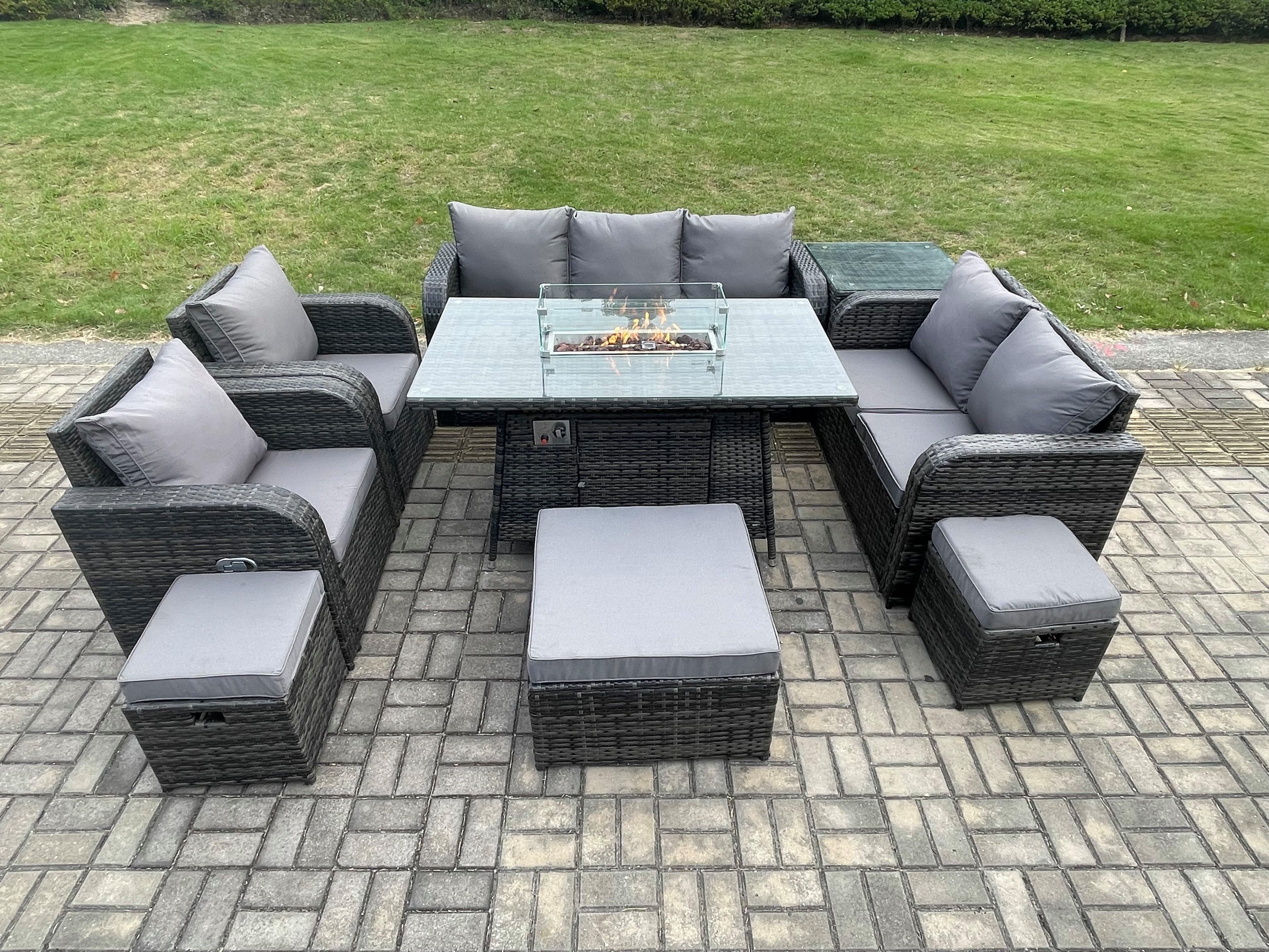 10 Seater PE Wicker Outdoor Rattan Garden Furniture Set Propane Gas Fire Pit Table Sofa Chair set 3 Footstools Side Table