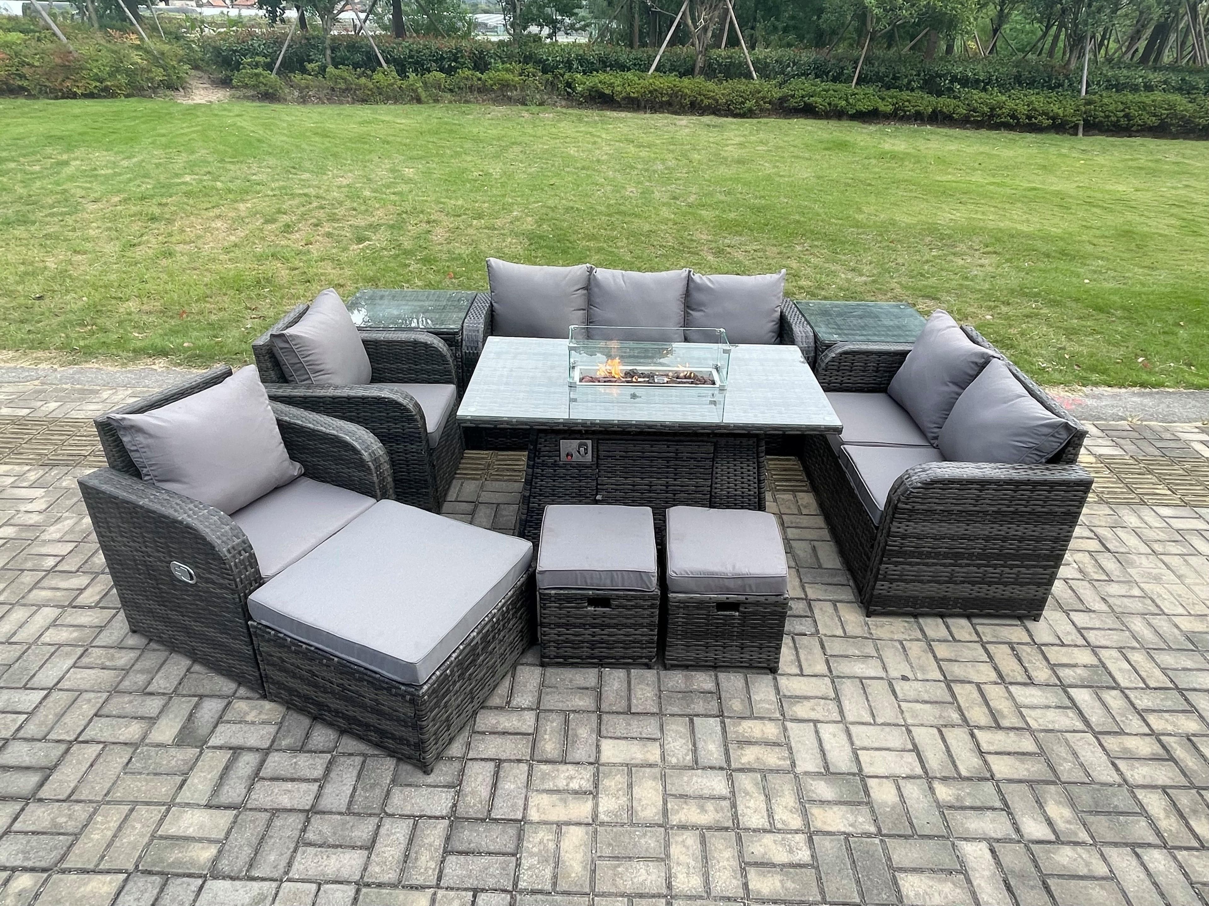 PE Wicker Outdoor Rattan Garden Furniture Set Propane Gas Fire Pit Table Sofa Chair set 3 Footstools 2 Side Tables