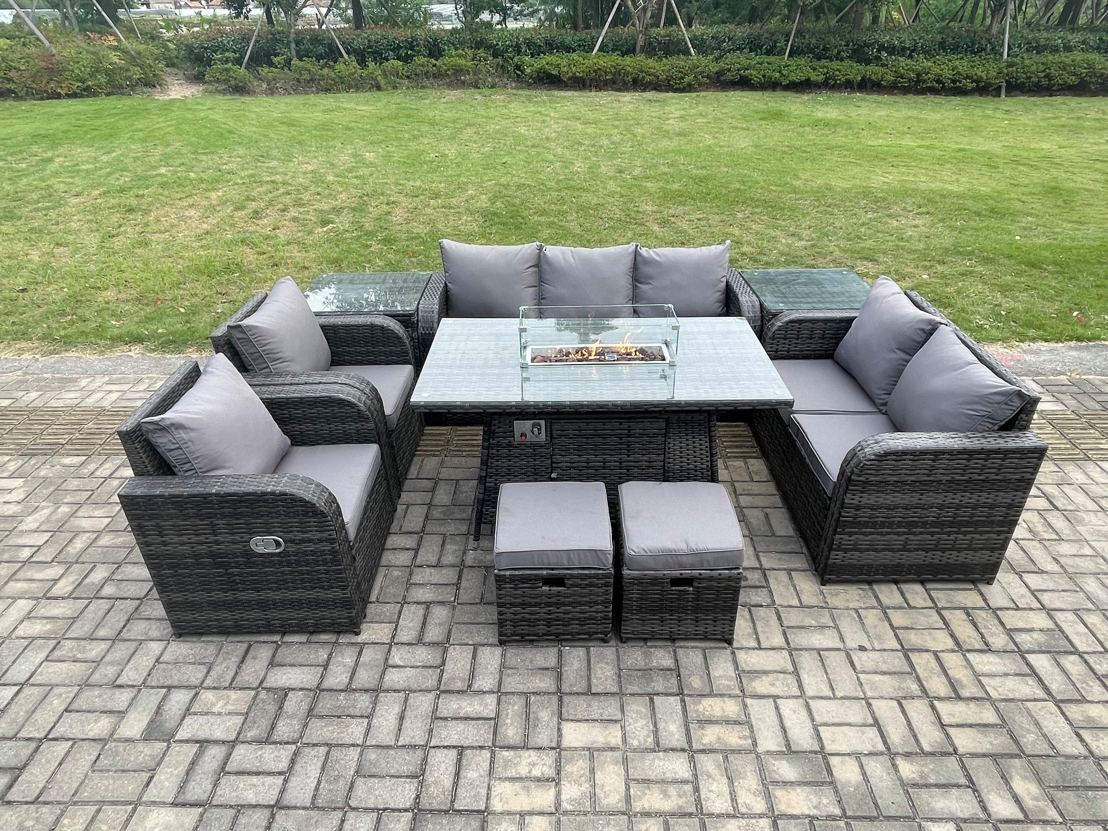 9 Seater PE Wicker Outdoor Rattan Garden Furniture Set Propane Gas Fire Pit Table Sofa Chair set 2 Side Tables 2 Footstools