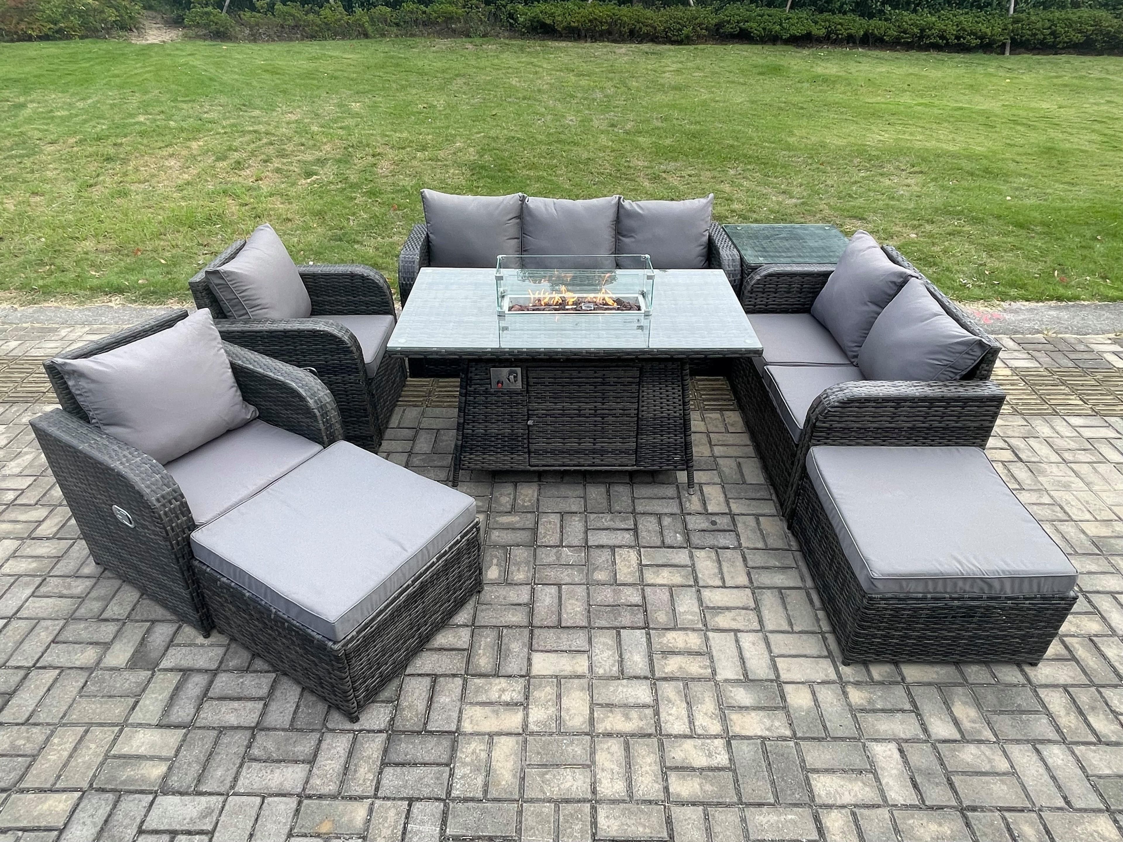 9 Seater PE Wicker Outdoor Rattan Garden Furniture Set Propane Gas Fire Pit Table Sofa Chair set Side Table 2 Big Footstool