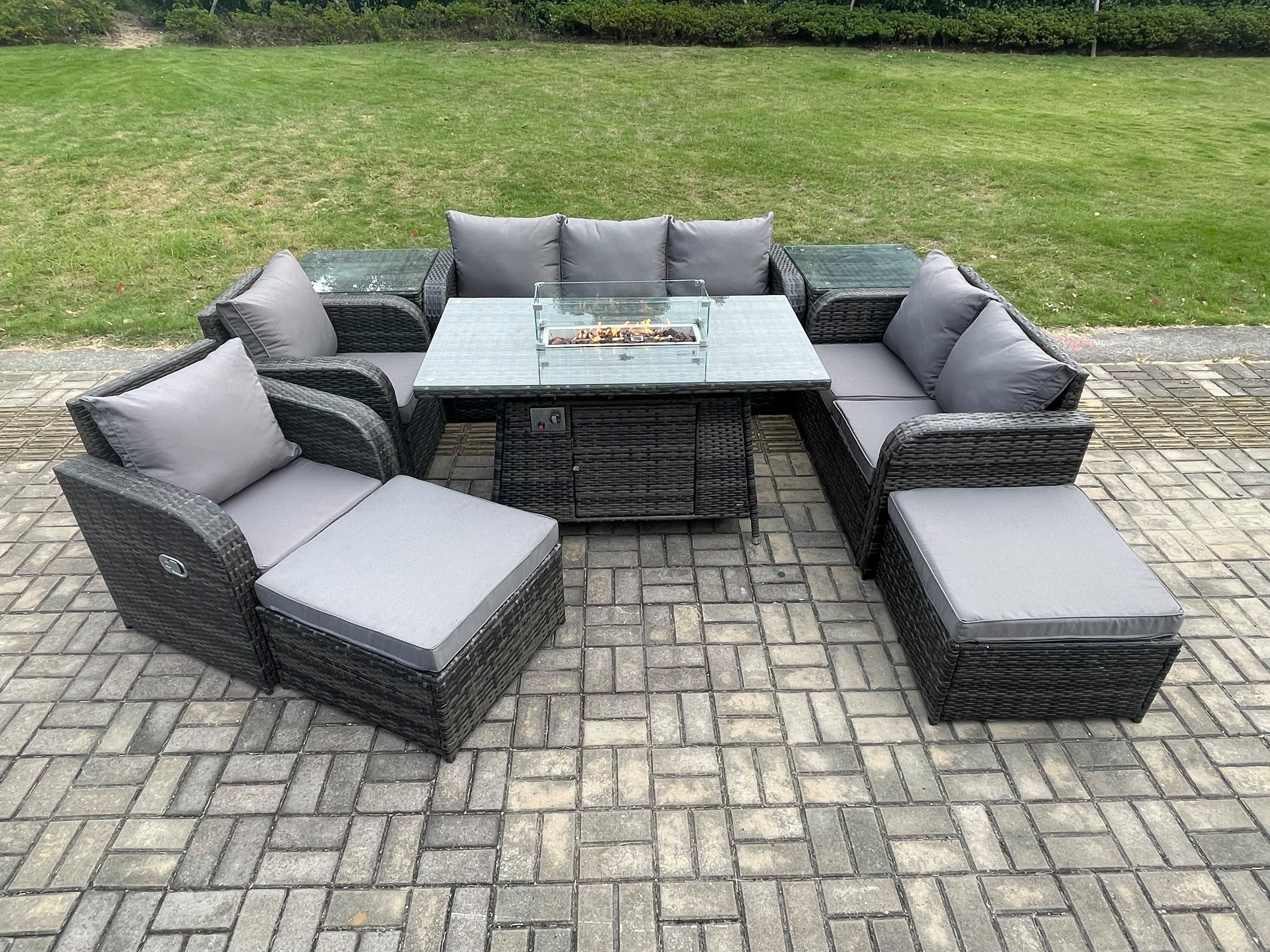 PE Wicker Outdoor Rattan Garden Furniture Set Propane Gas Fire Pit Table Sofa Chair set 2 Side Tables 2 Big Footstool