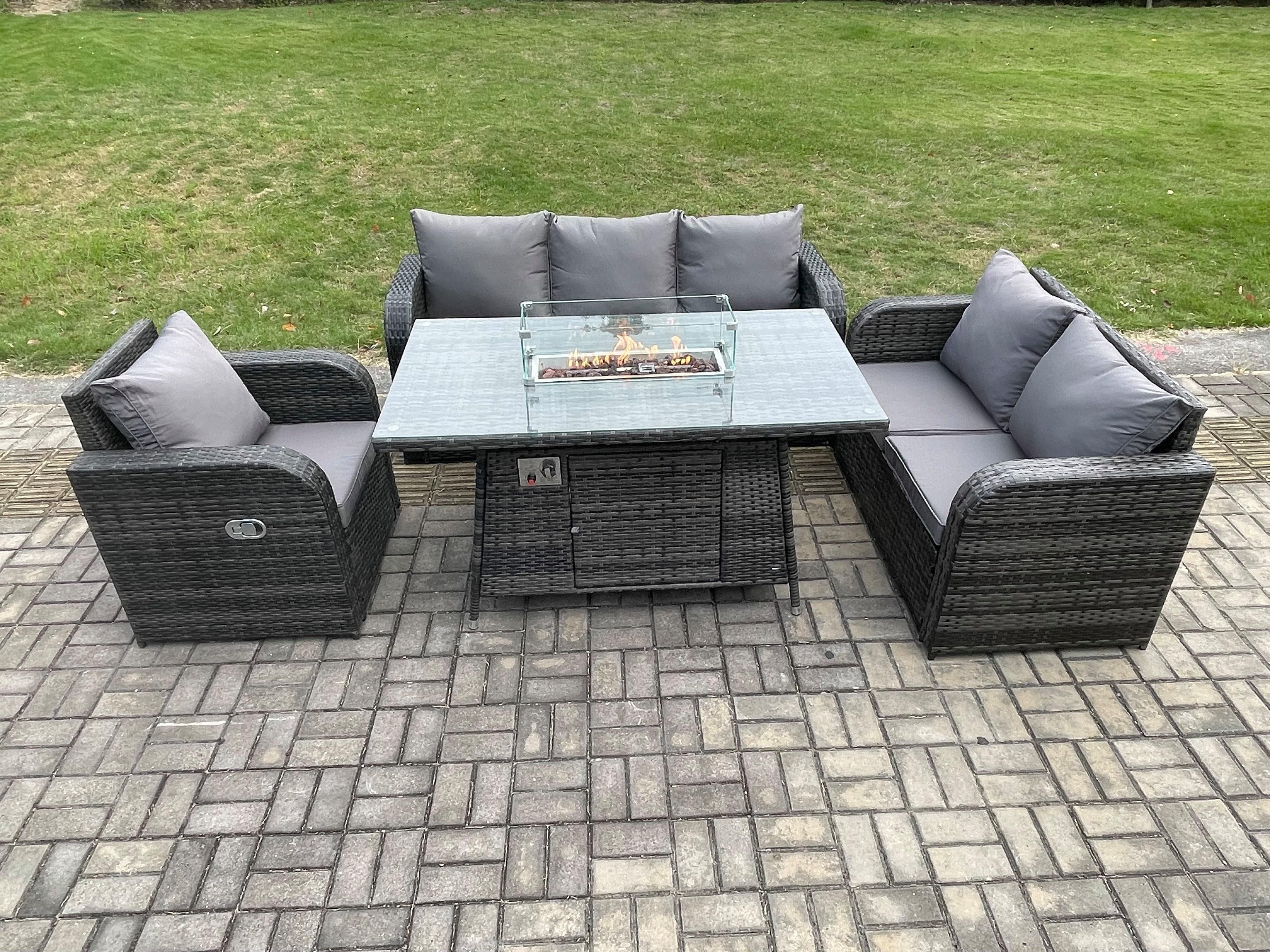 Rattan Garden Furniture Set Fire Pit Table 6 Seater Outdoor Lounge Sofa Set Dark Grey Mixed