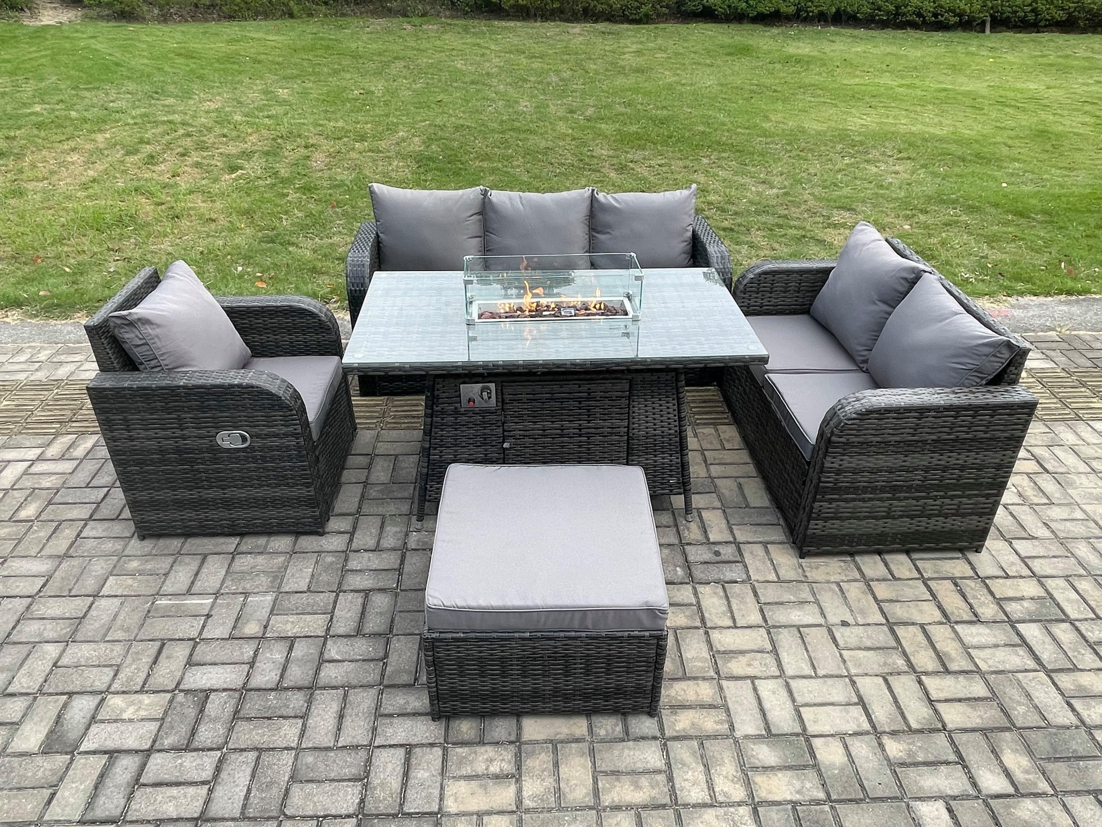 Rattan Garden Furniture Set Fire Pit Table 7 Seater Outdoor Lounge Sofa Set Dark Grey Mixed