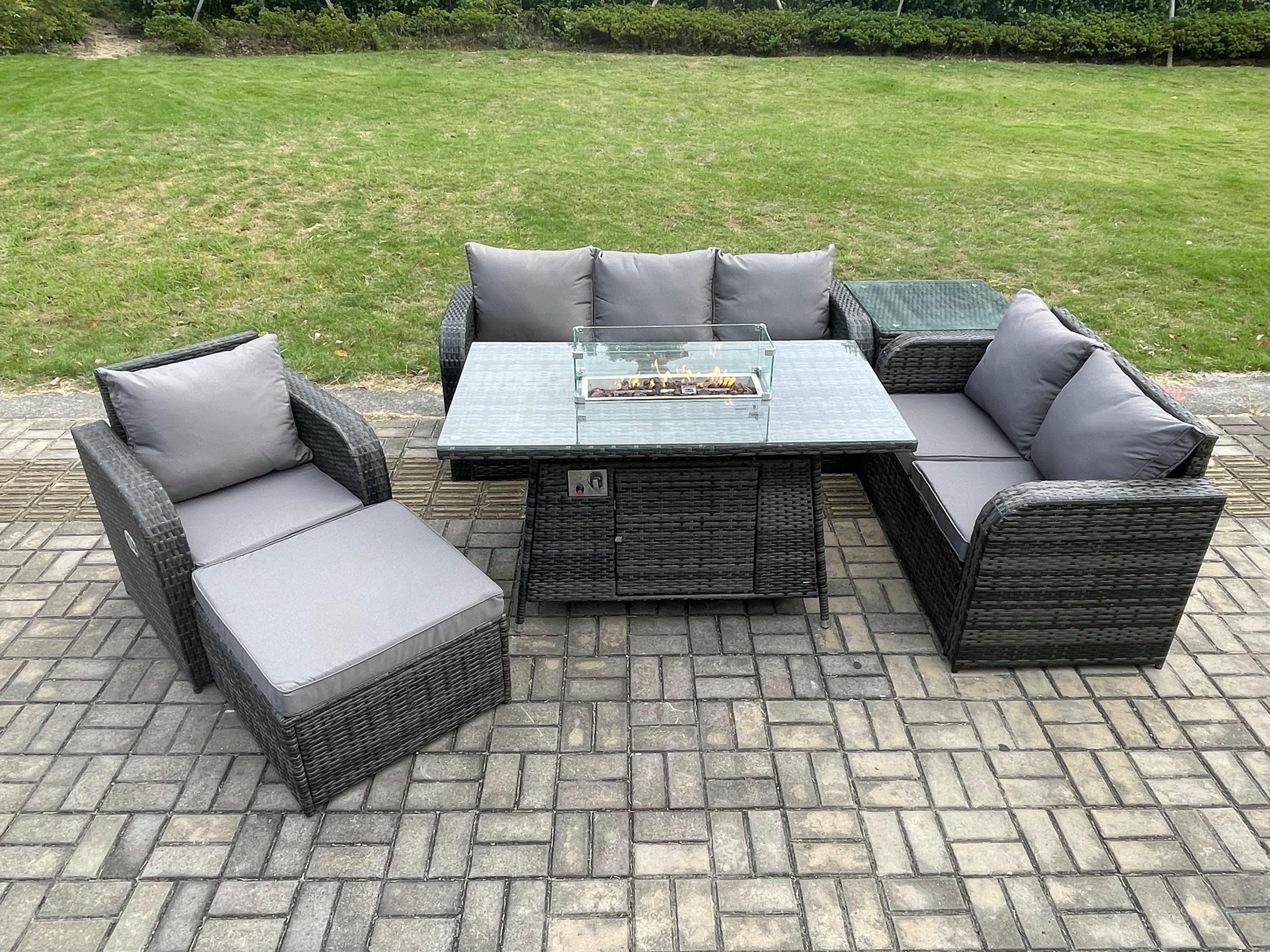 Garden Patio Furniture Wicker Rattan Gas Fire Pit Table Sofa Chair set Side Table Big Footstool