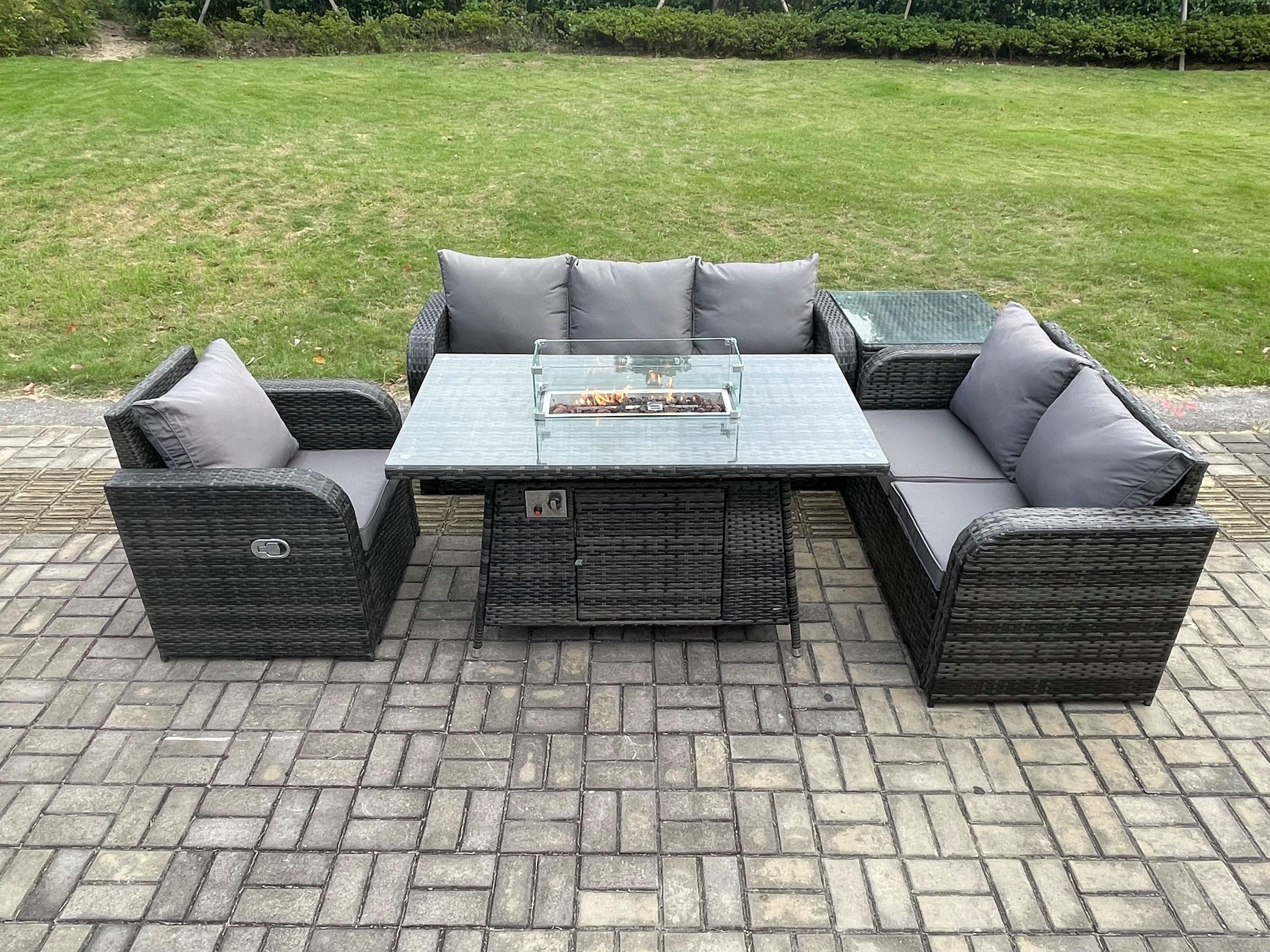 Garden Patio Furniture Wicker Rattan Gas Fire Pit Table Sofa Chair set Side Table