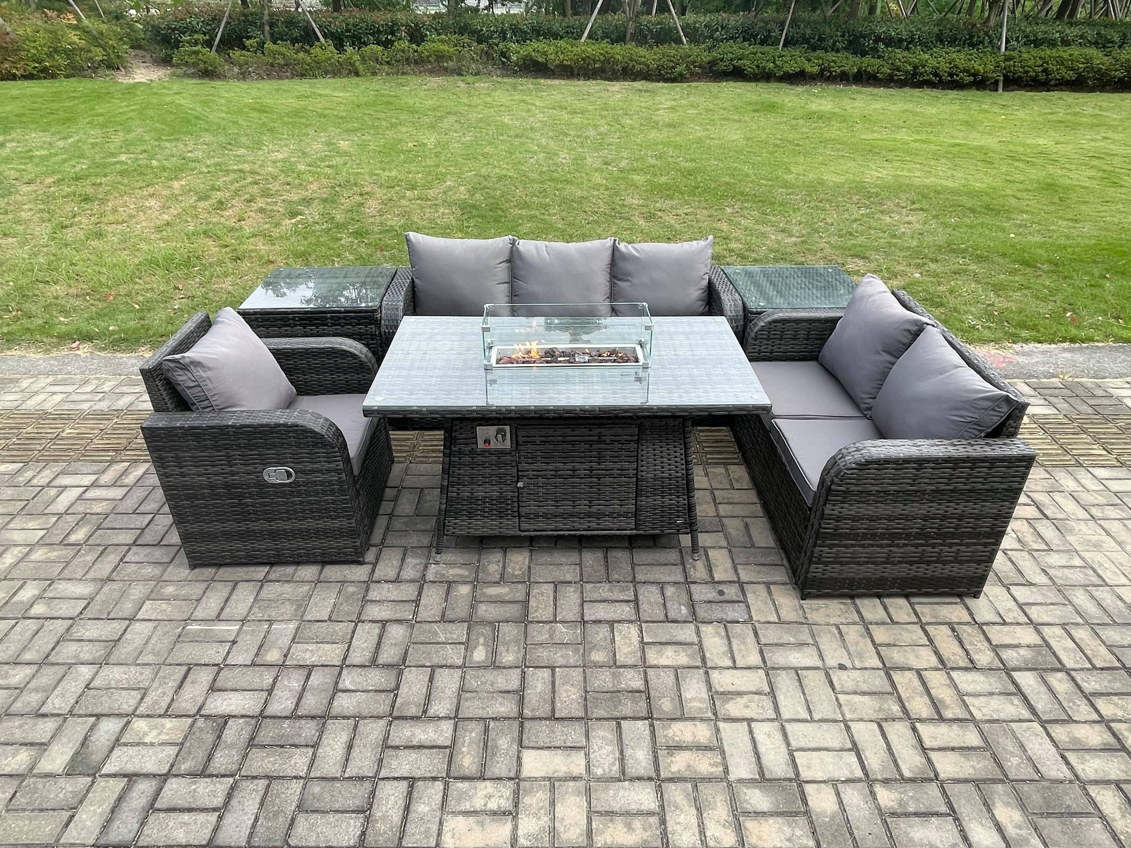 Garden Patio Furniture Wicker Rattan Gas Fire Pit Table Sofa Chair set 2 Side Tables