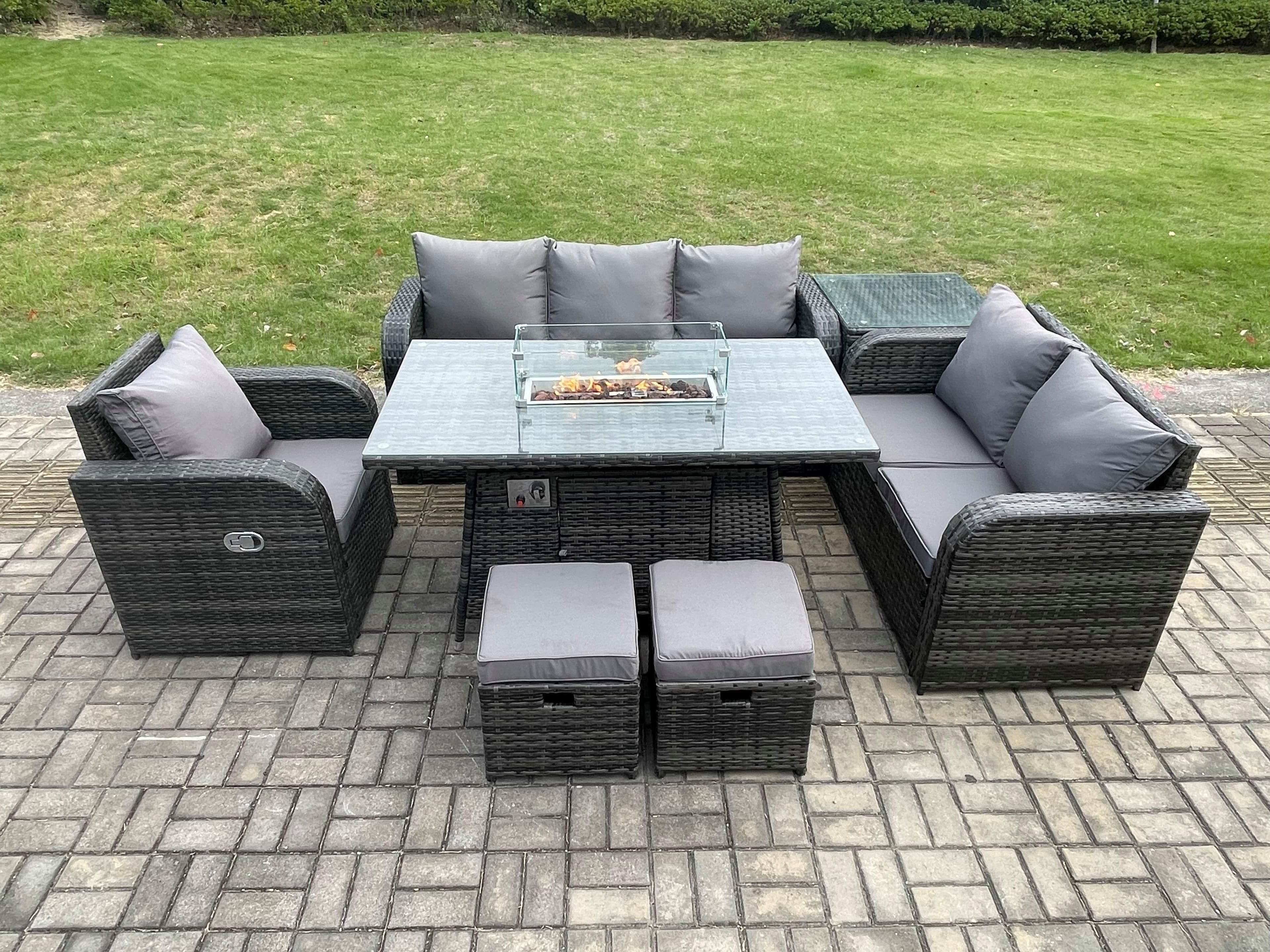 Garden Patio Furniture Wicker Rattan Gas Fire Pit Table Sofa Chair set Side Table 2 Small Footstools