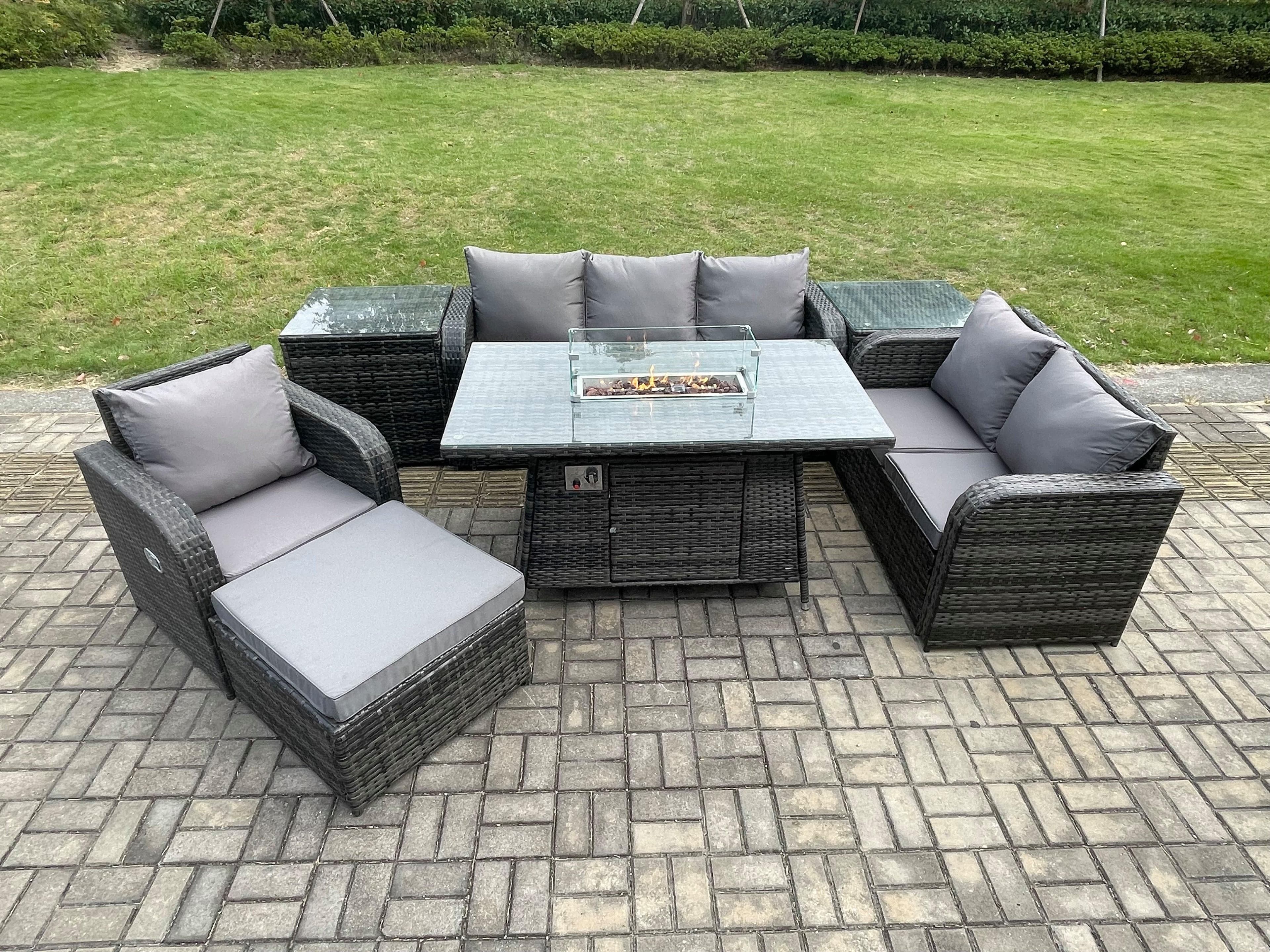 Garden Patio Furniture Wicker Rattan Gas Fire Pit Table Sofa Chair set 2 Side Tables Big Footstool