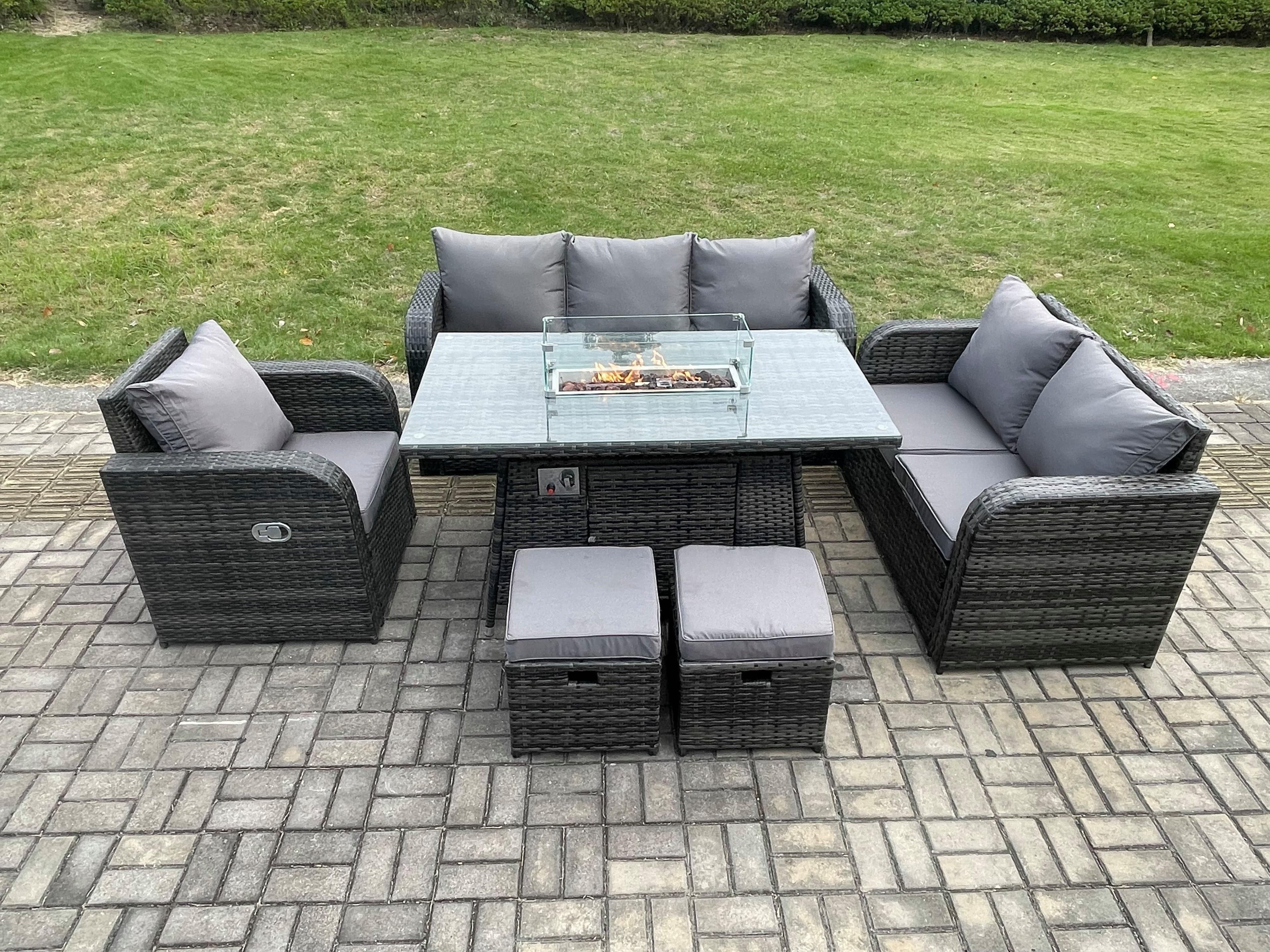 Wicker Rattan Garden Furniture Set Fire Pit Table 8 Seater Outdoor Lounge Sofa Set Dark Grey Mixed