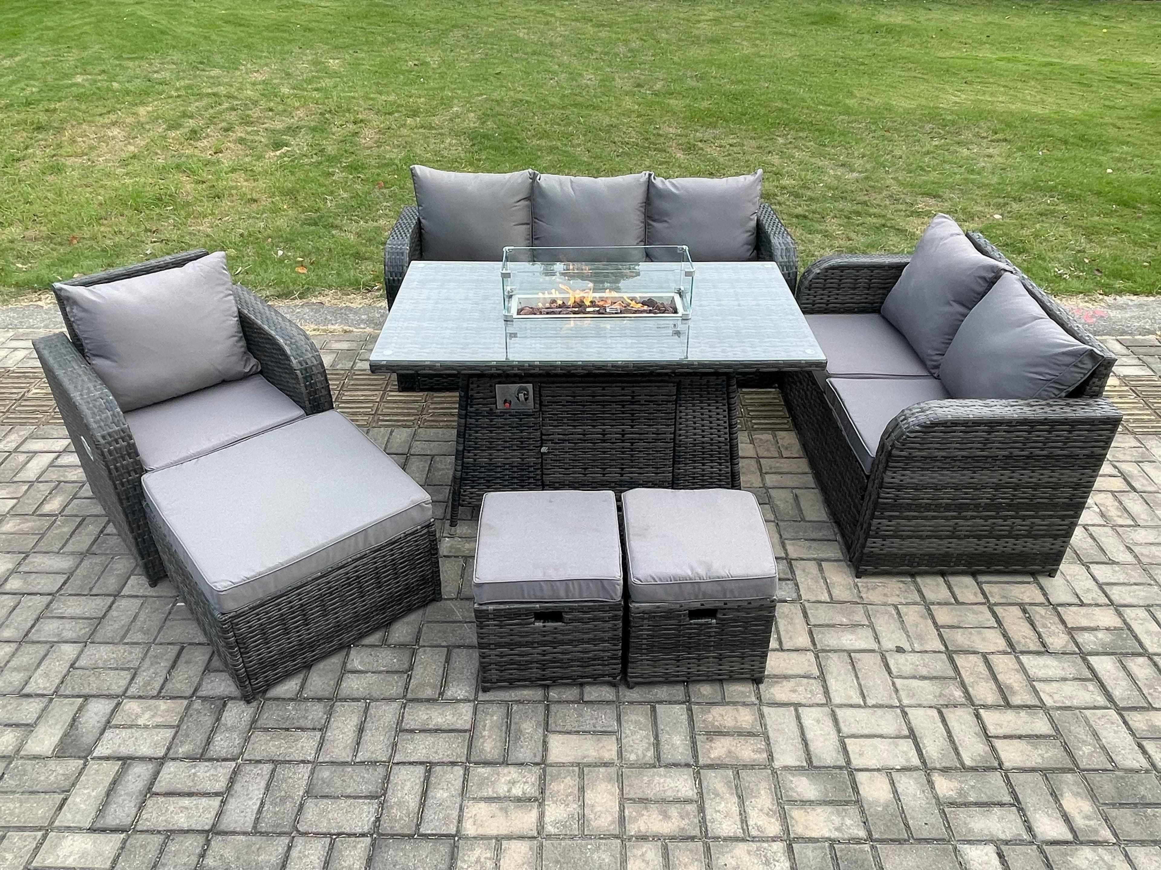 Rattan Garden Furniture Set Fire Pit Table 9 Seater Outdoor Lounge Sofa Set Dark Grey Mixed
