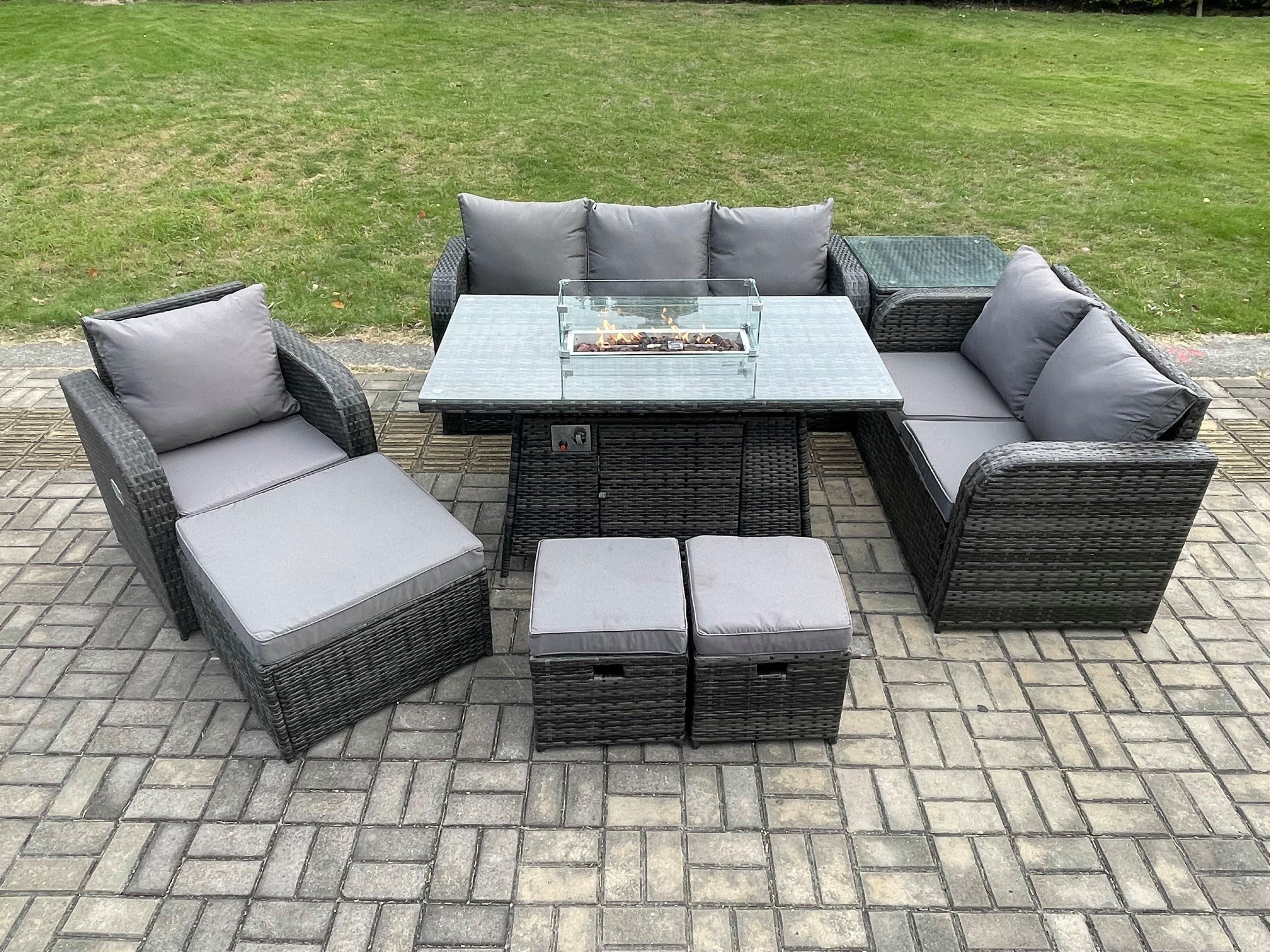 Garden Patio Furniture Wicker Rattan Gas Fire Pit Table Sofa Chair set Side Table 3 Footstool