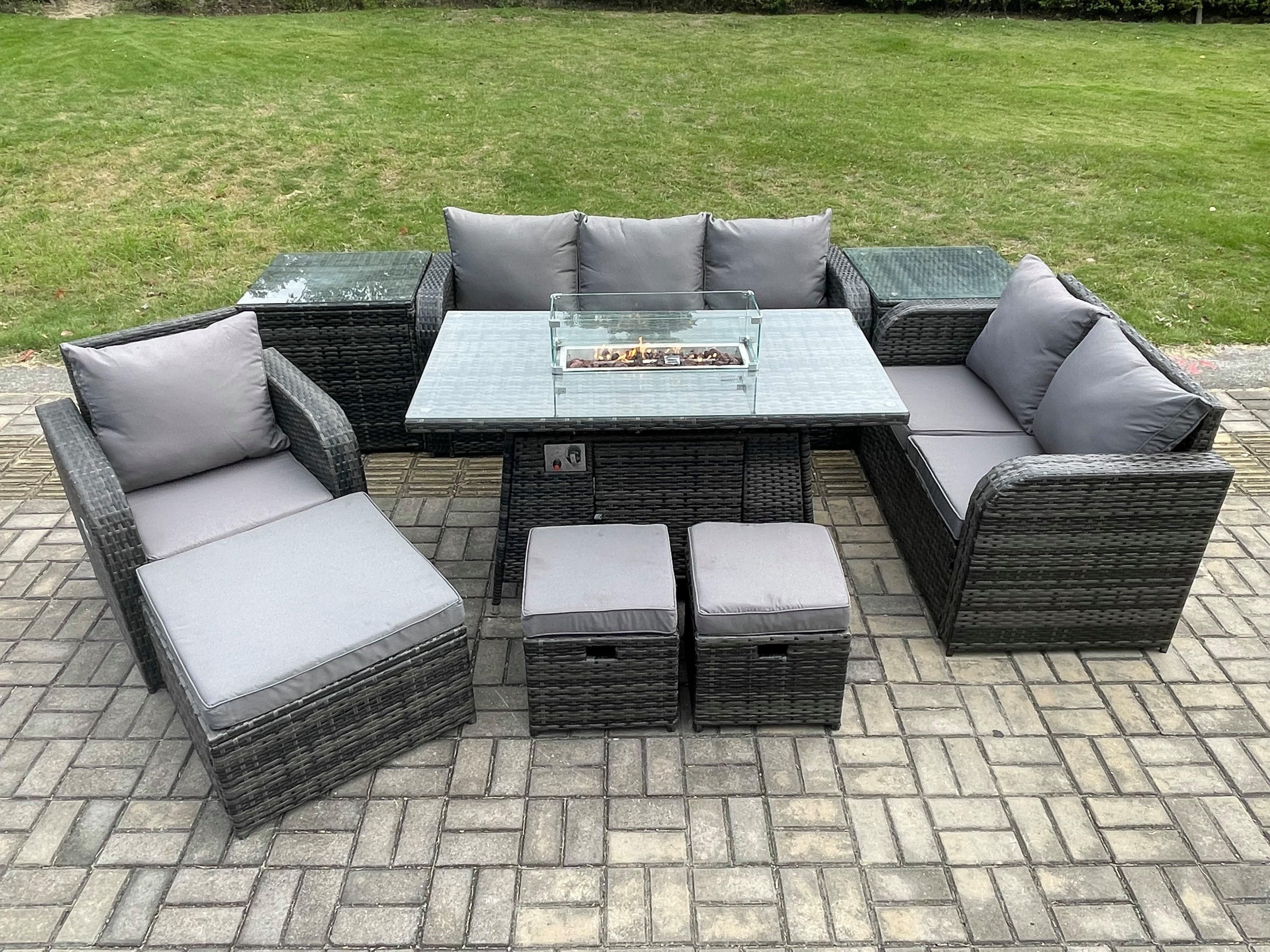 Garden Patio Furniture Wicker Rattan Gas Fire Pit Table Sofa Chair set 2 Side Tables 3 Footstool