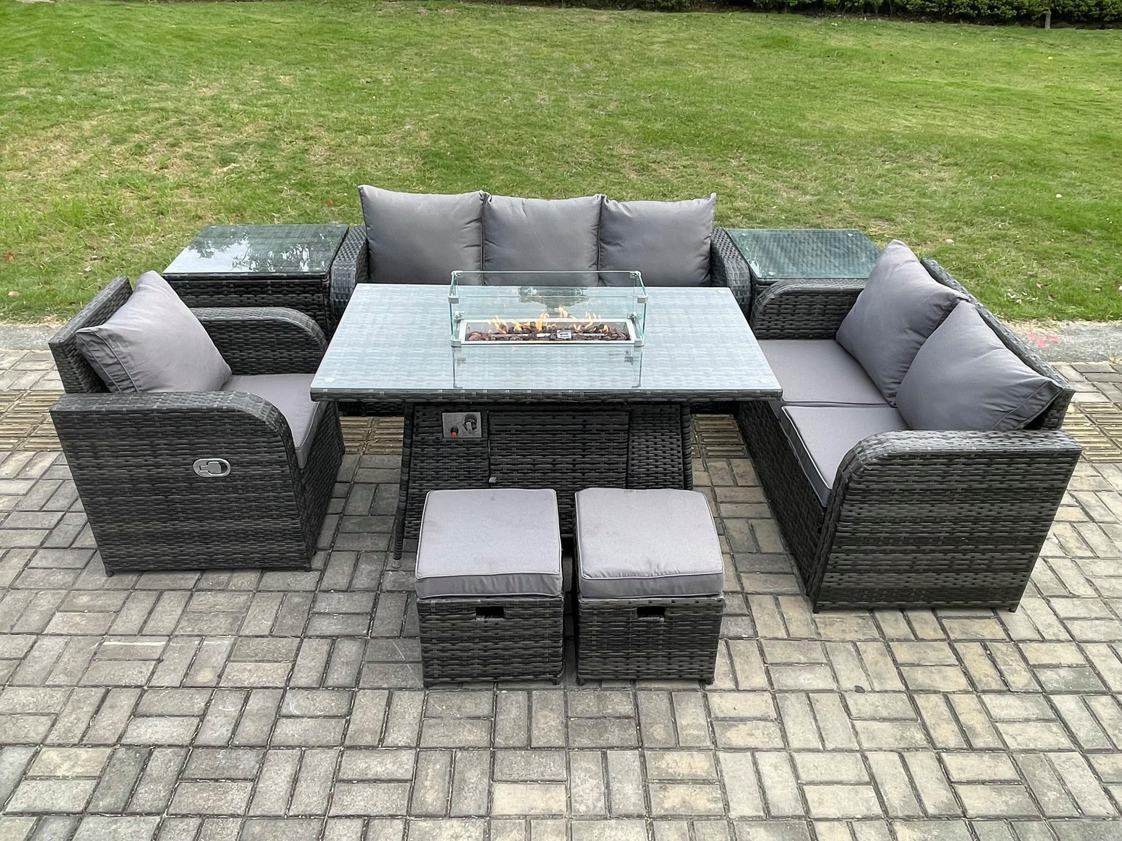Garden Patio Furniture Wicker Rattan Gas Fire Pit Table Sofa Chair set 2 Side Tables 2 Small Footstool