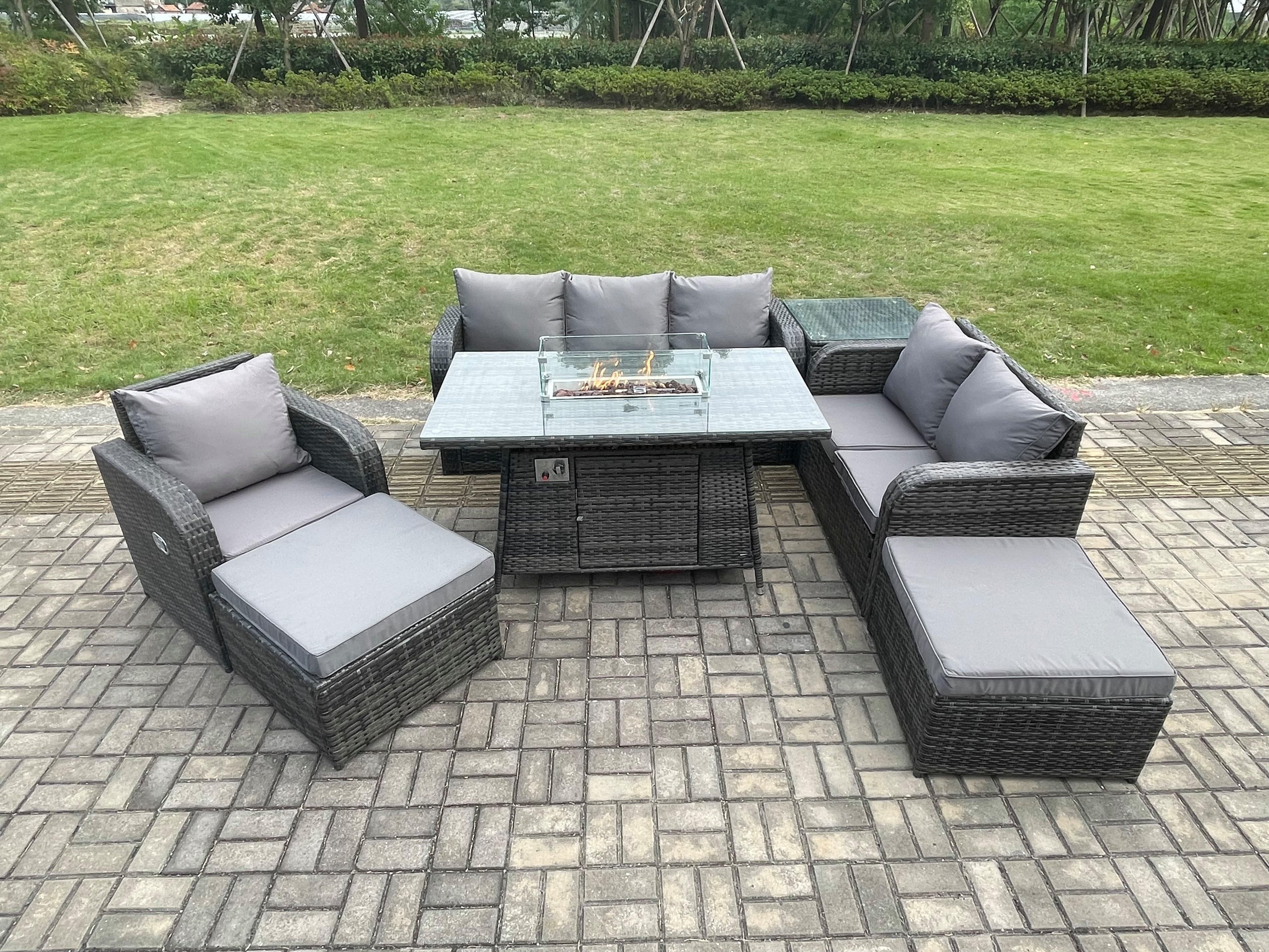 Garden Patio Furniture Wicker Rattan Gas Fire Pit Table Sofa Chair set Side Tables 2 Big Footstool