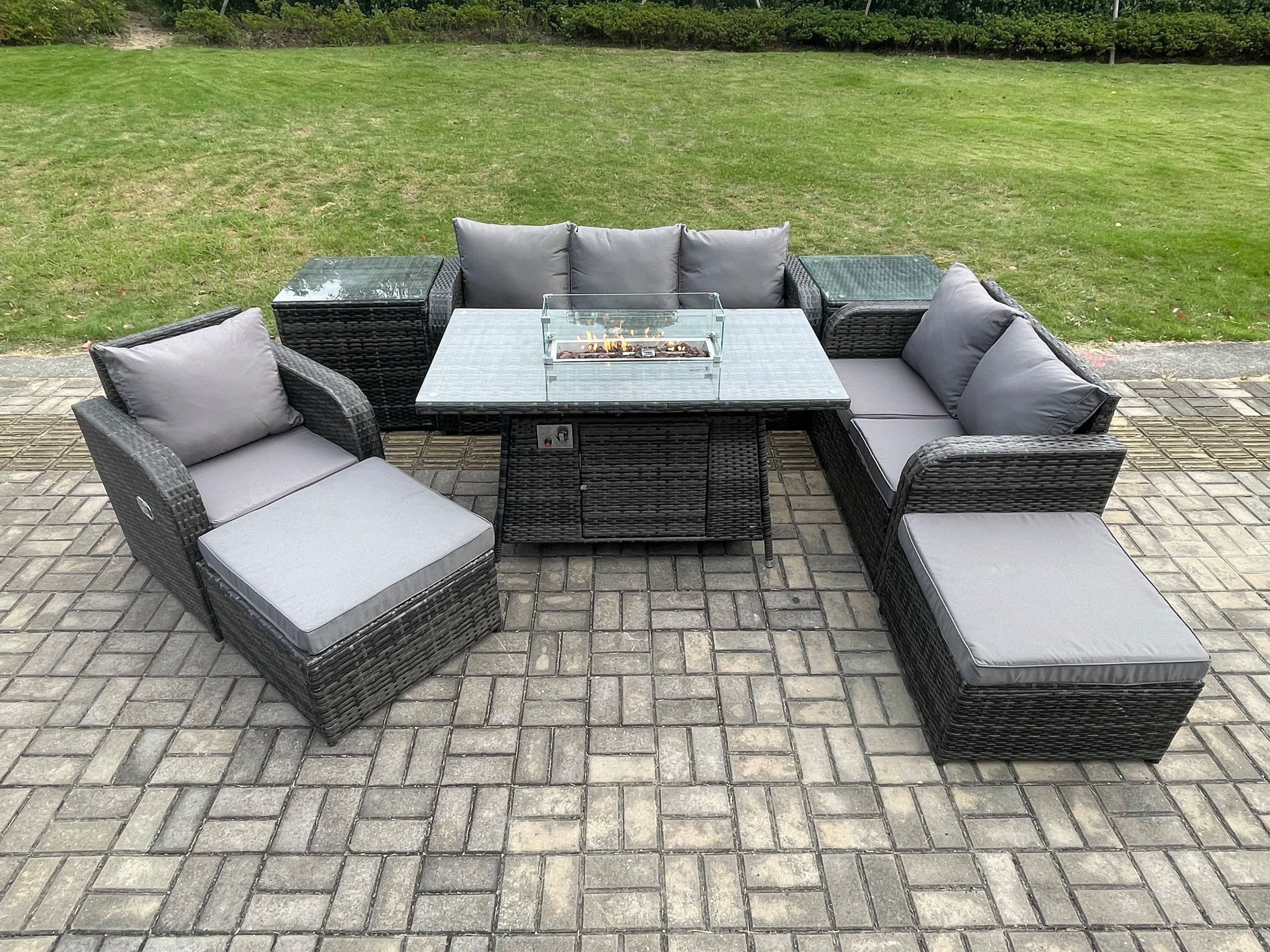 Garden Patio Furniture Wicker Rattan Gas Fire Pit Table Sofa Chair set 2 Side Tables 2 Big Footstool