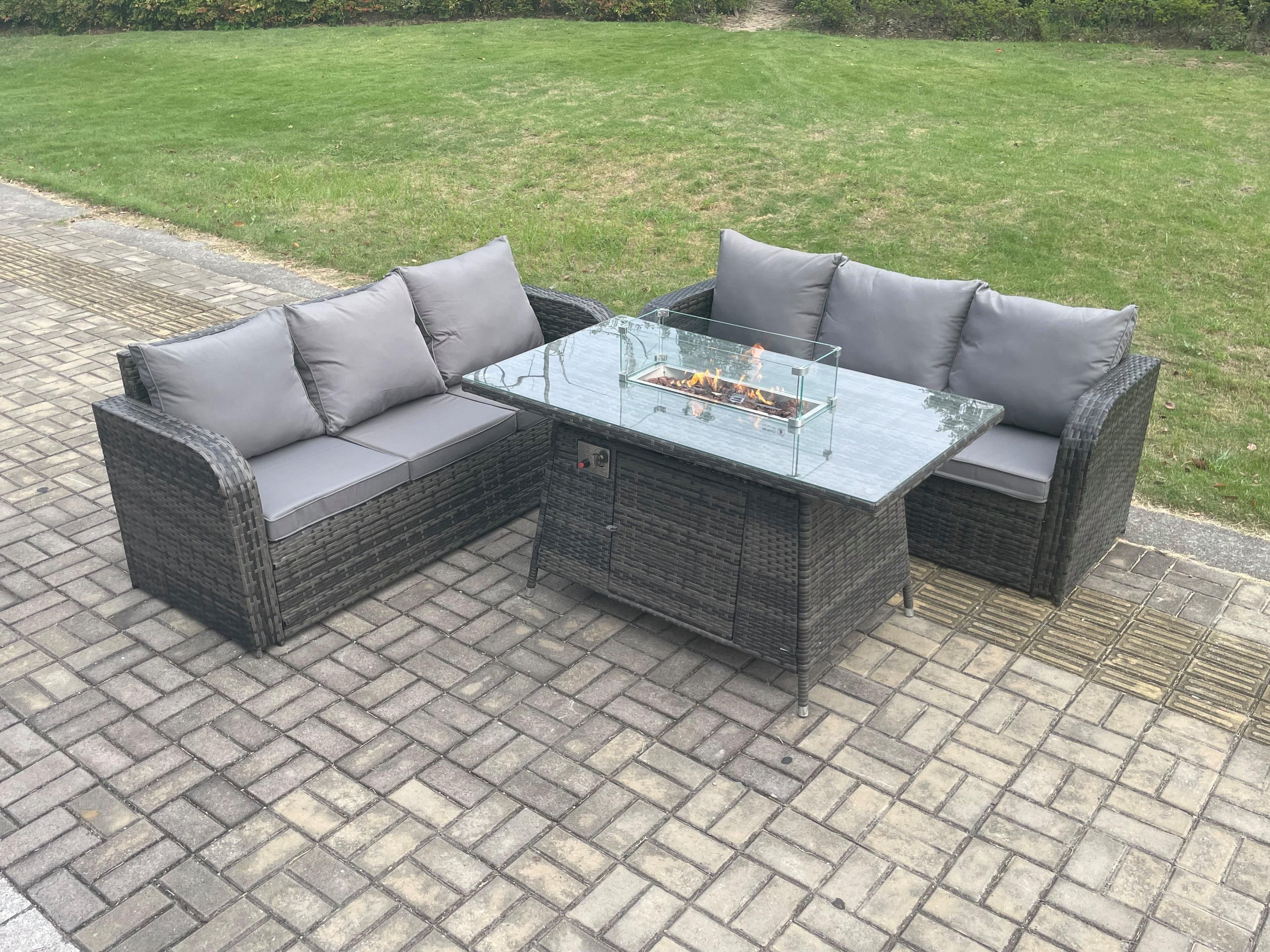 Rattan Garden Furniture Set Fire Pit Table 3 Pieces Outdoor Lounge Sofa Set Dark Grey Mixed