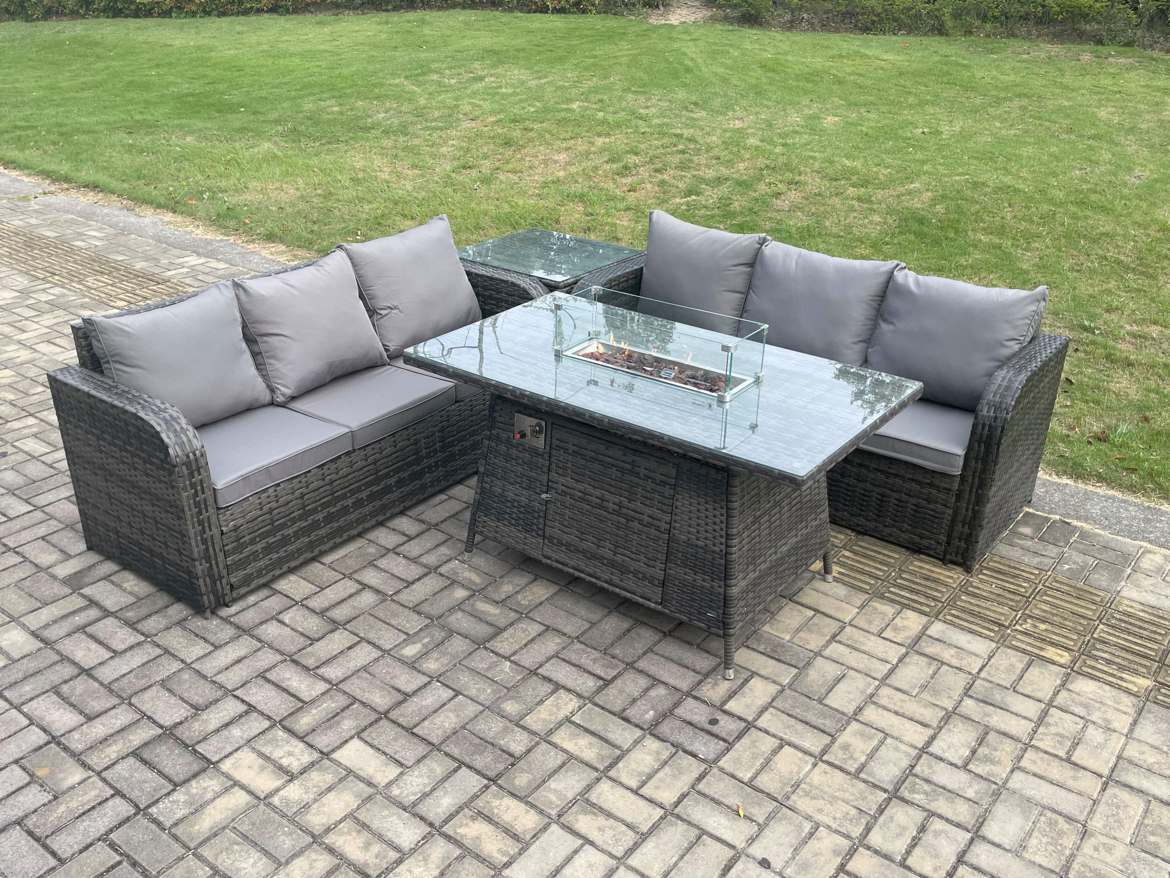 Rattan Garden Furniture Set Fire Pit Table 4 Pieces Outdoor Patio Lounge Sofa Set Dark Grey Mixed
