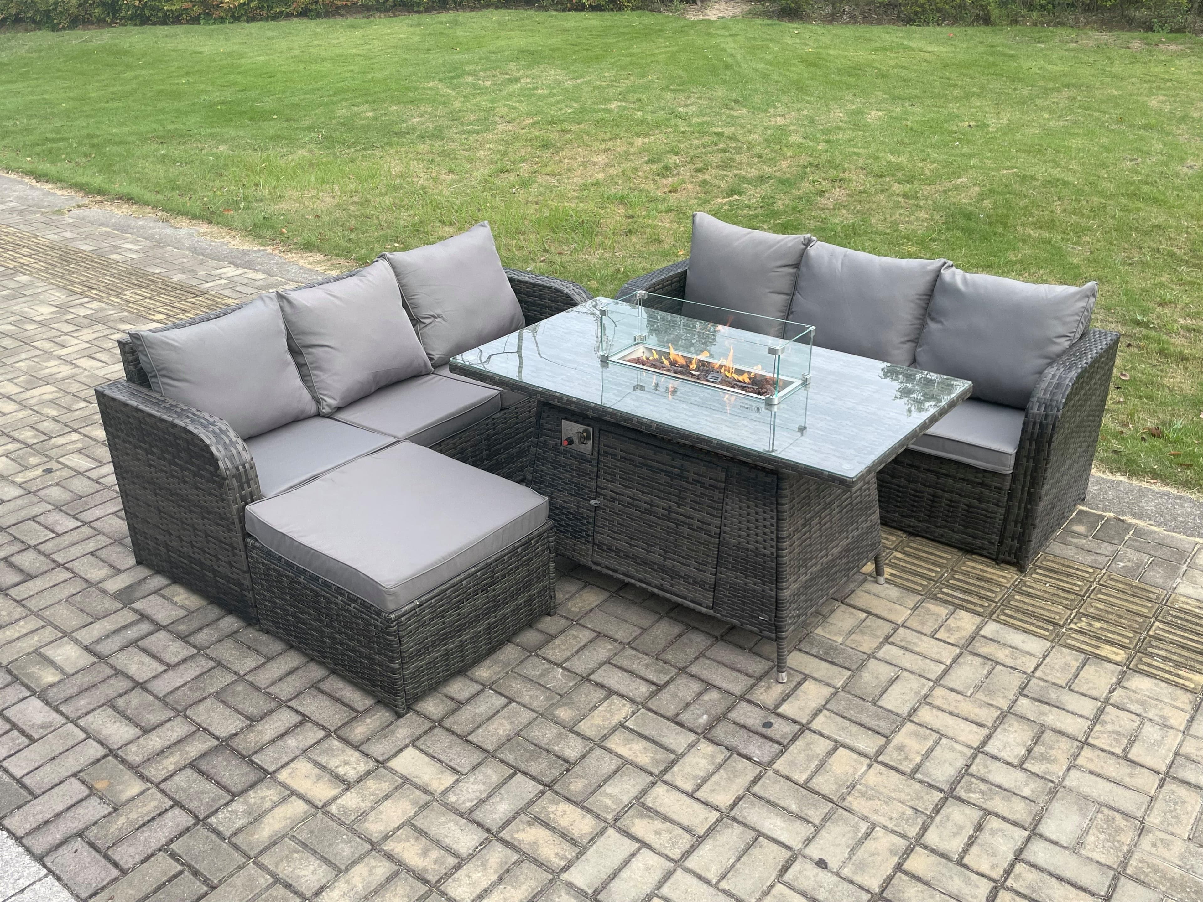 Rattan Garden Furniture Set Fire Pit Table 7 Seater Outdoor Patio Lounge Sofa Set Dark Grey Mixed