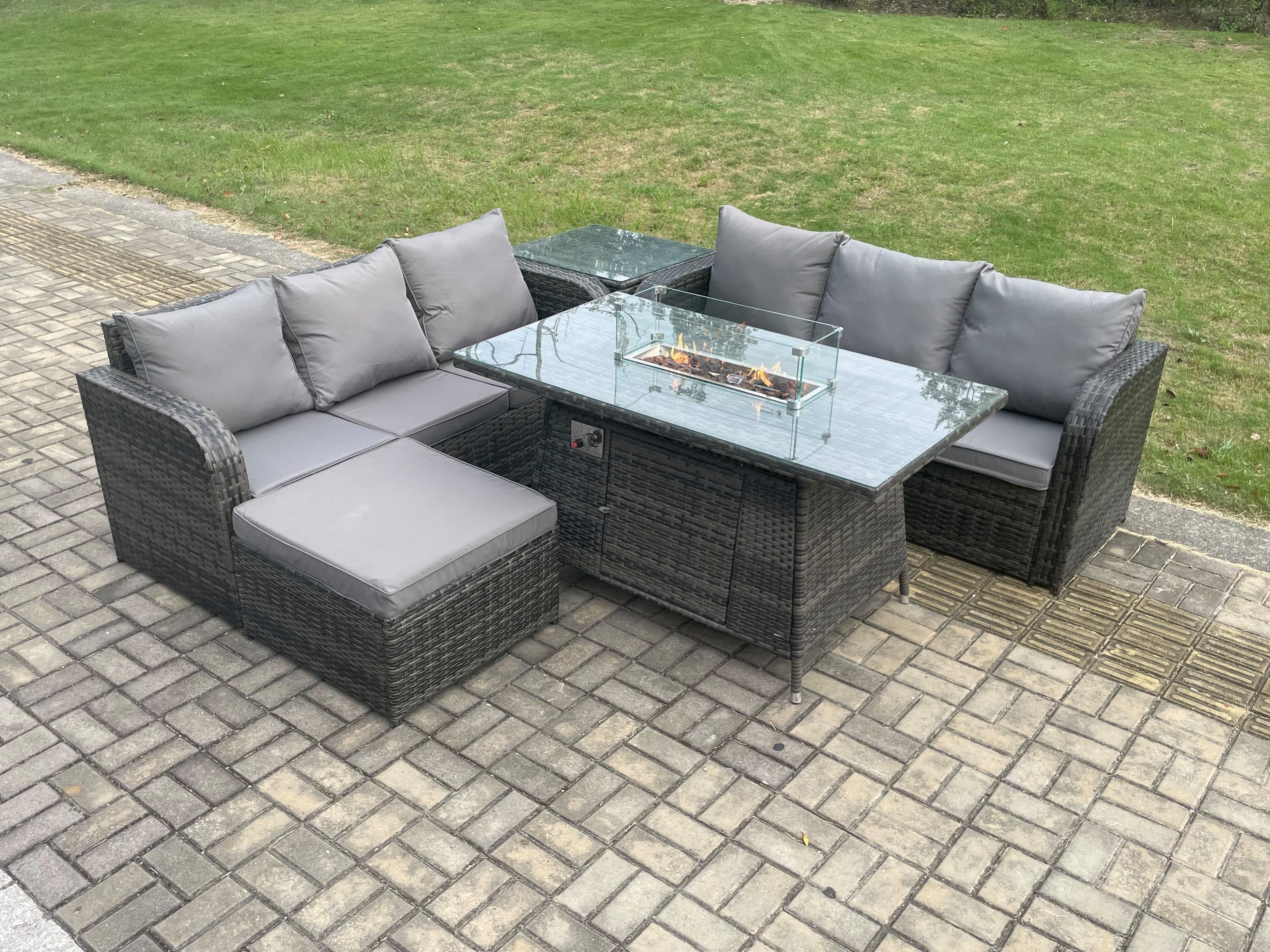 Garden Patio Furniture Wicker Rattan Gas Fire Pit Table Sofa set Side Table Big Footstool
