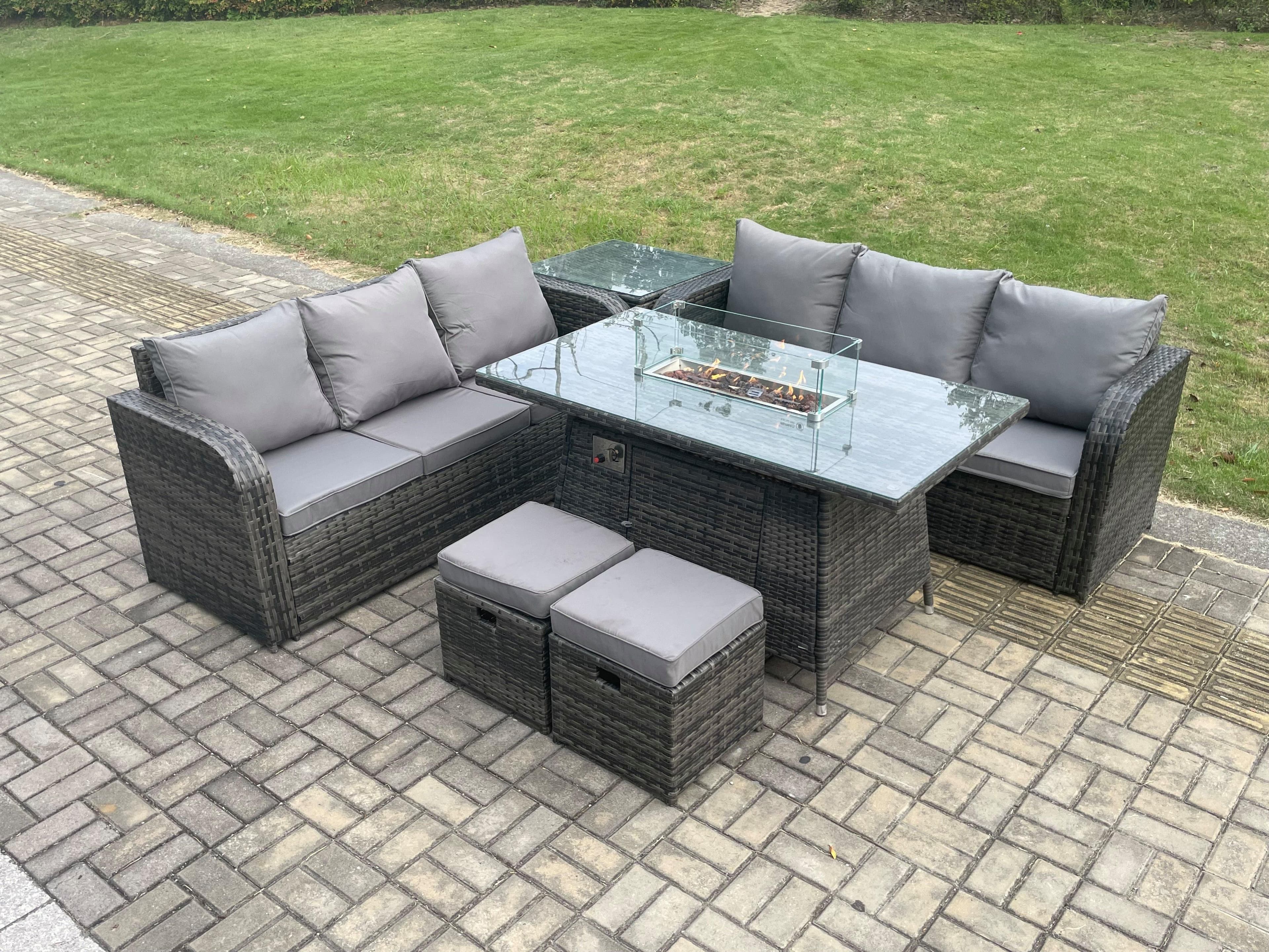 Rattan Garden Furniture Set Fire Pit Table 8 Seater Outdoor Patio Lounge Sofa Set Dark Grey Mixed