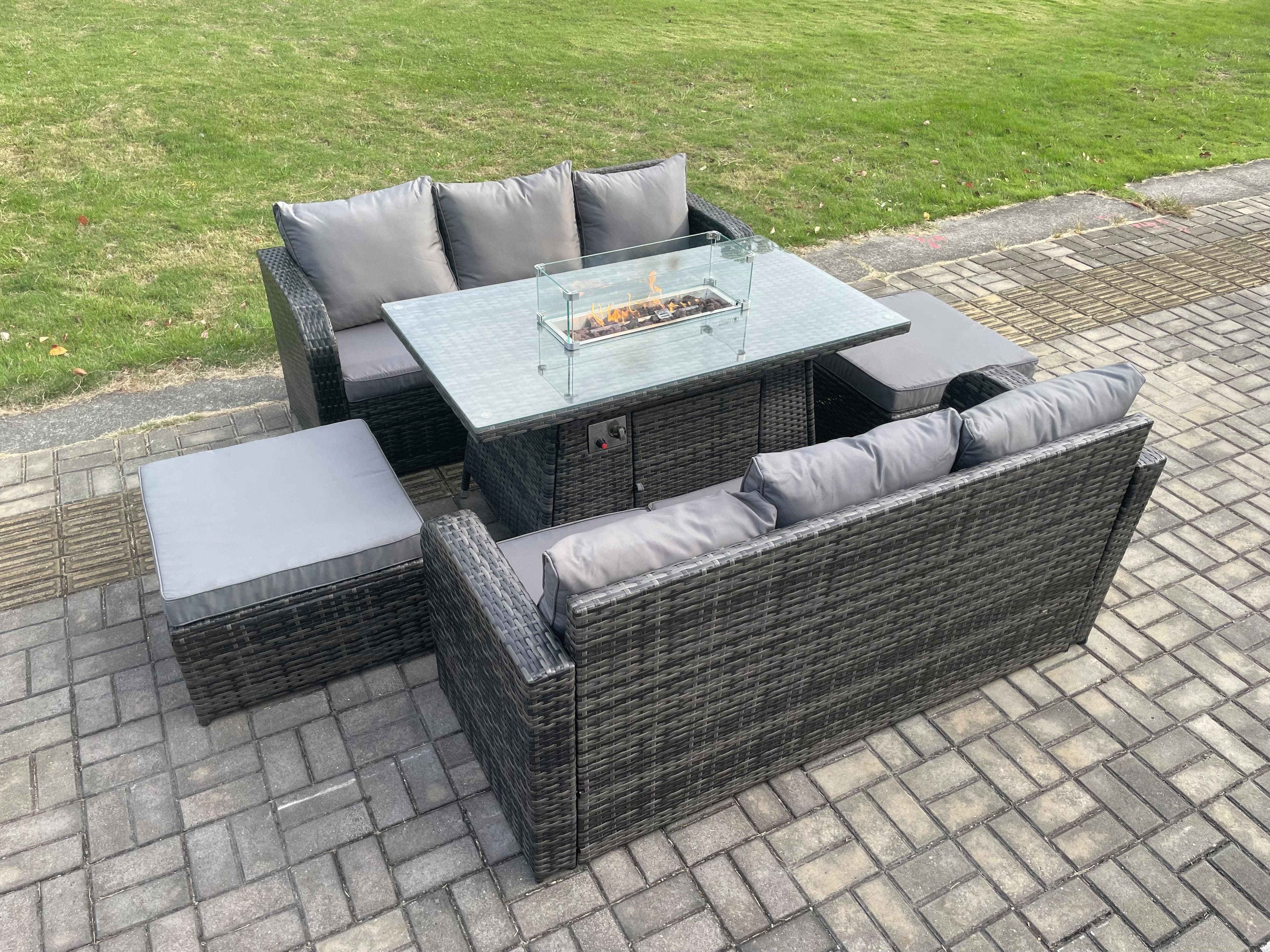 Garden Patio Furniture Wicker Rattan Gas Fire Pit Table Sofa set 2 Big Footstool