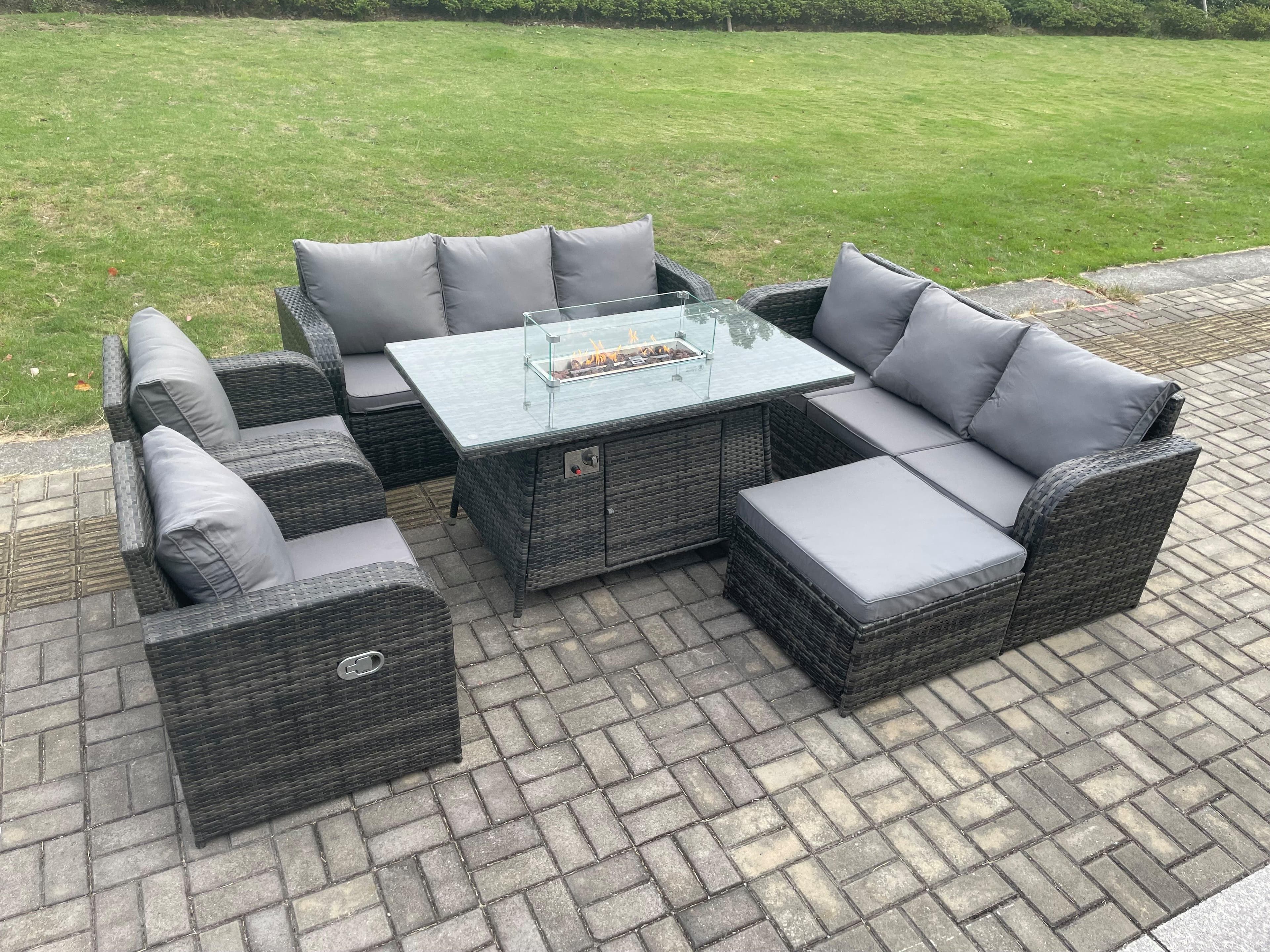 Garden Patio Furniture Wicker Rattan Gas Fire Pit Table Sofa set Recling Chair Big Footstool