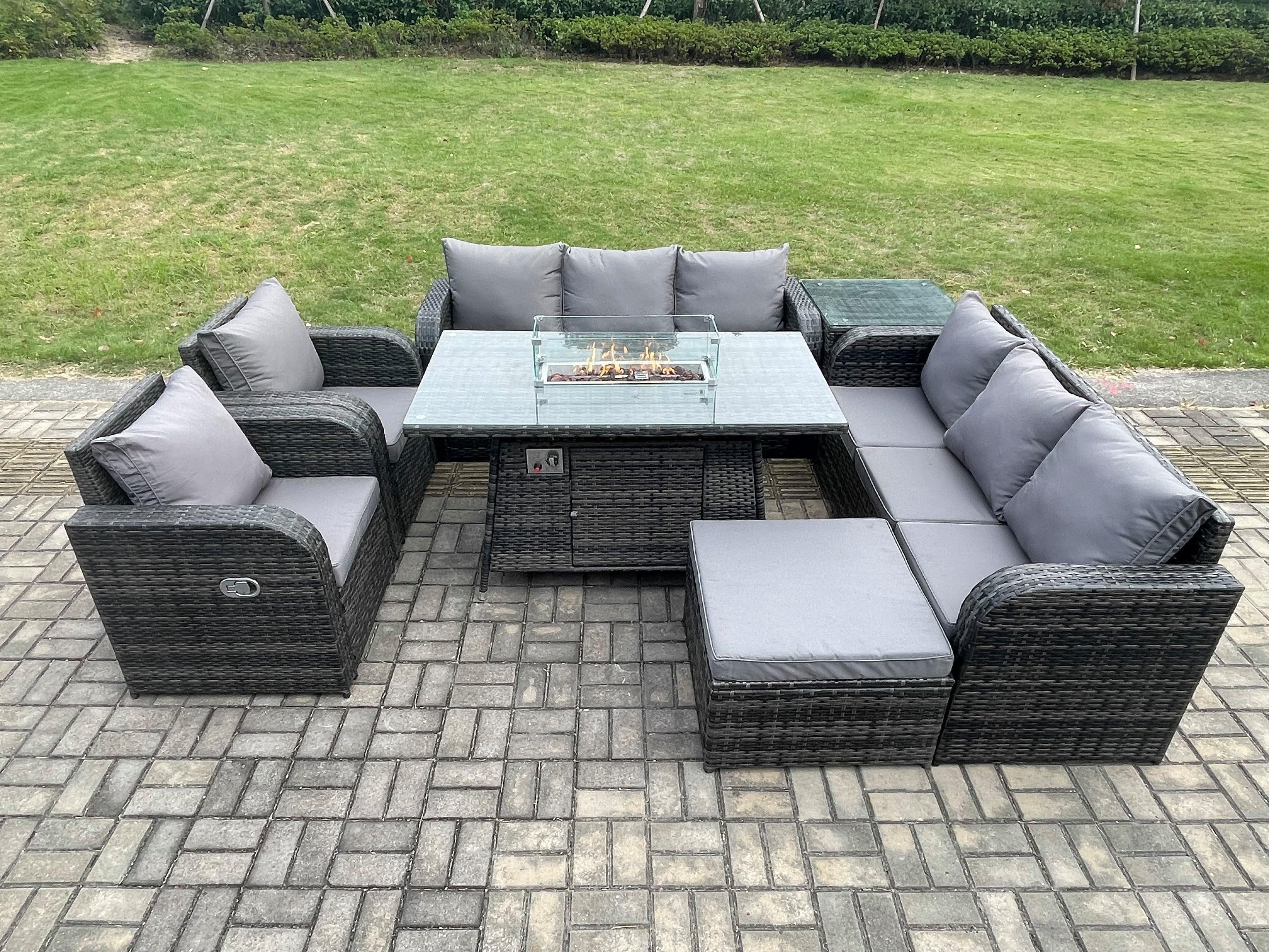 Garden Patio Furniture Wicker Rattan Gas Fire Pit Table Sofa set Recling Chair Side Table Big Footstool