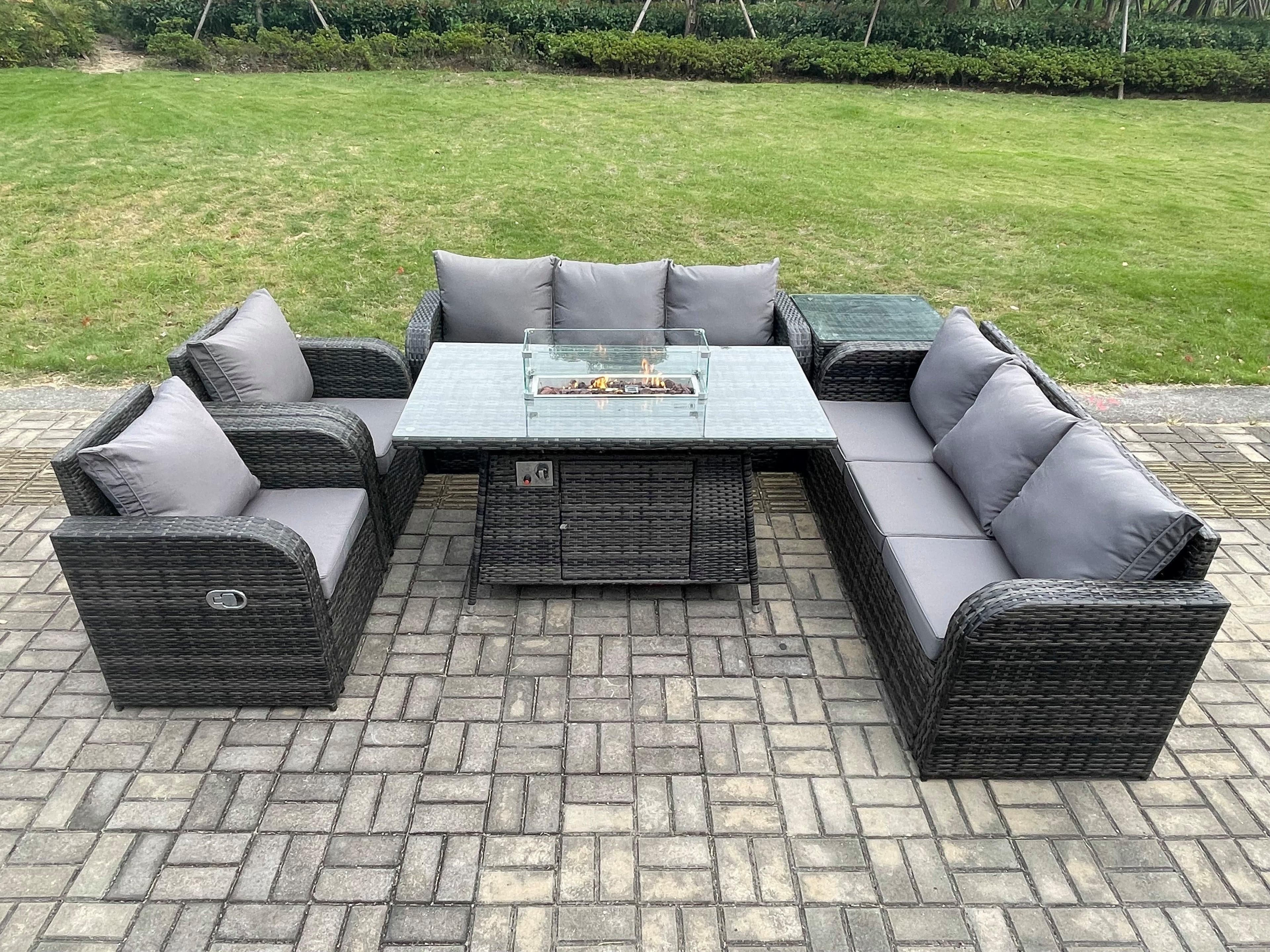 Rattan Garden Furniture Set Fire Pit Table Chair Side Table 8 Seater Outdoor Patio Lounge Sofa Set Dark Grey Mixed