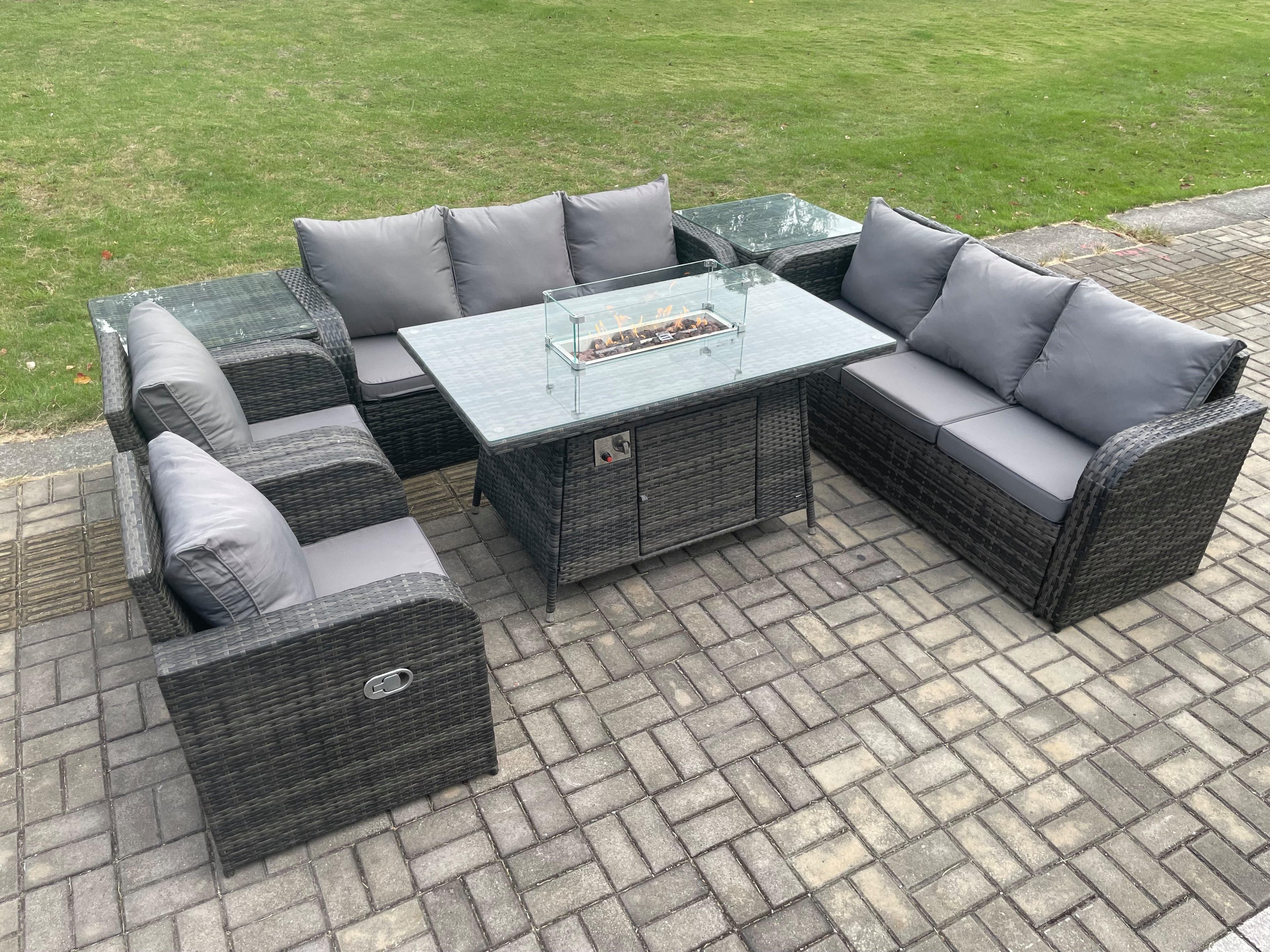 Patio Rattan Garden Furniture Set Fire Pit Table Chair Side Table 8 Seater Outdoor Indoor Lounge Sofa Set