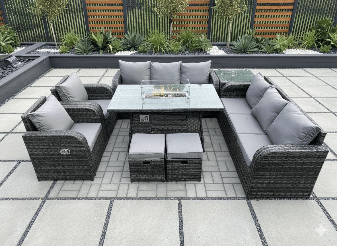 Wicker Rattan Garden Furniture Set Gas Fire Pit Dining Table Indoor Outdoor Side Table Chair Loveseat Sofa 2 Footstools