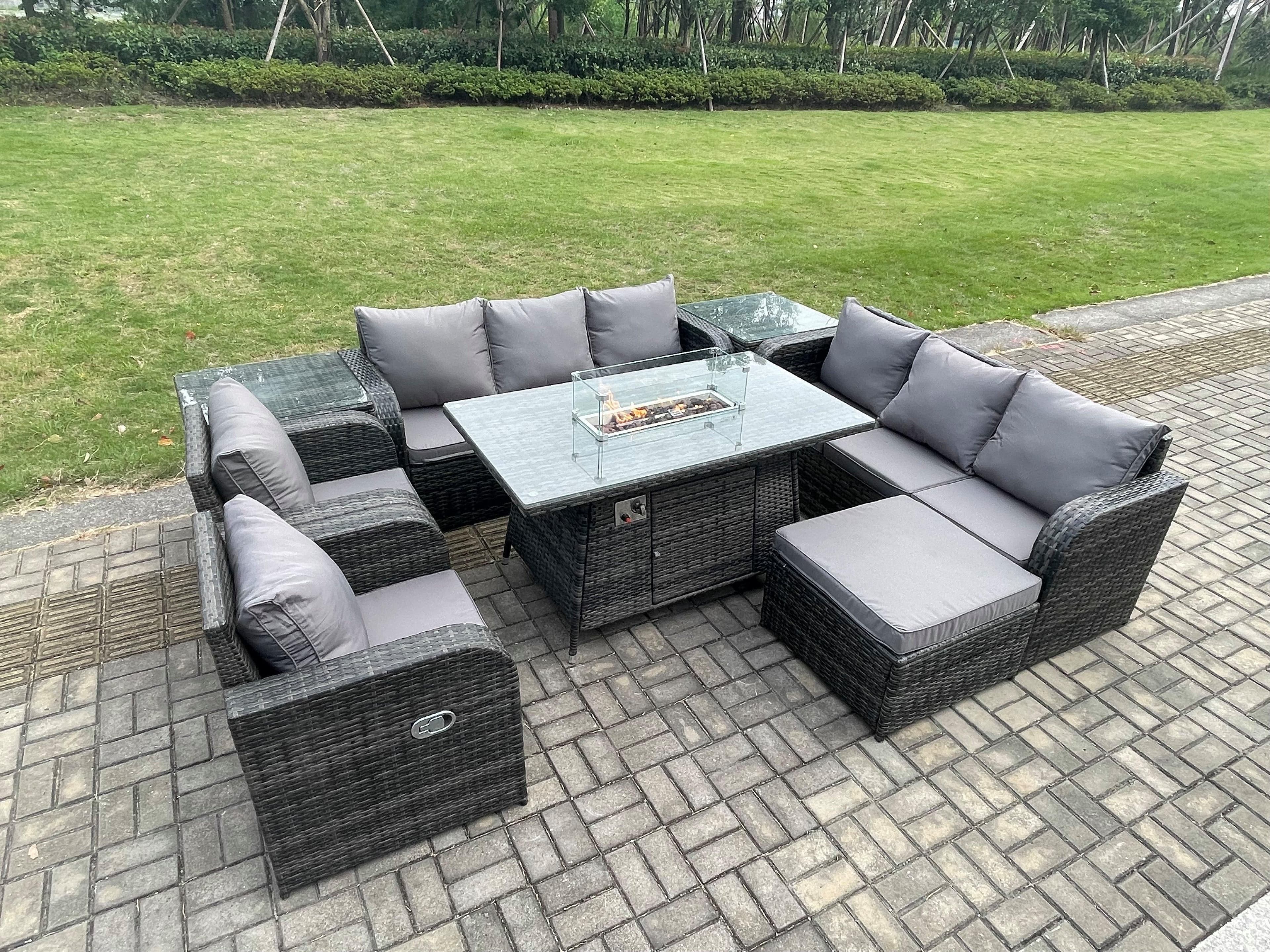 Wicker Rattan Garden Furniture Set Gas Fire Pit Dining Table Indoor Outdoor 2 Side Tables Chair Loveseat Sofa Big Footstool