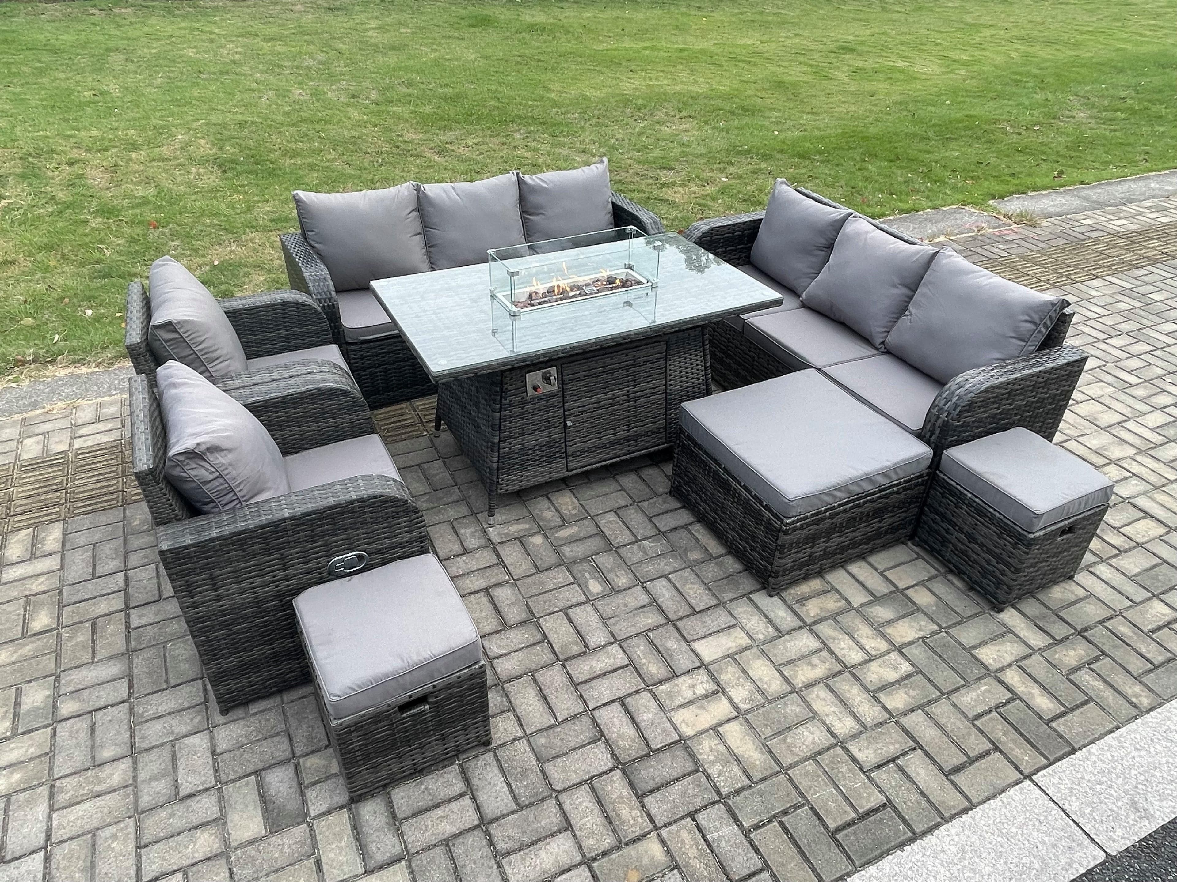 Wicker PE Rattan Garden Furniture Set Gas Fire Pit Dining Table Indoor Outdoor Chair Loveseat Sofa 3 Footstools