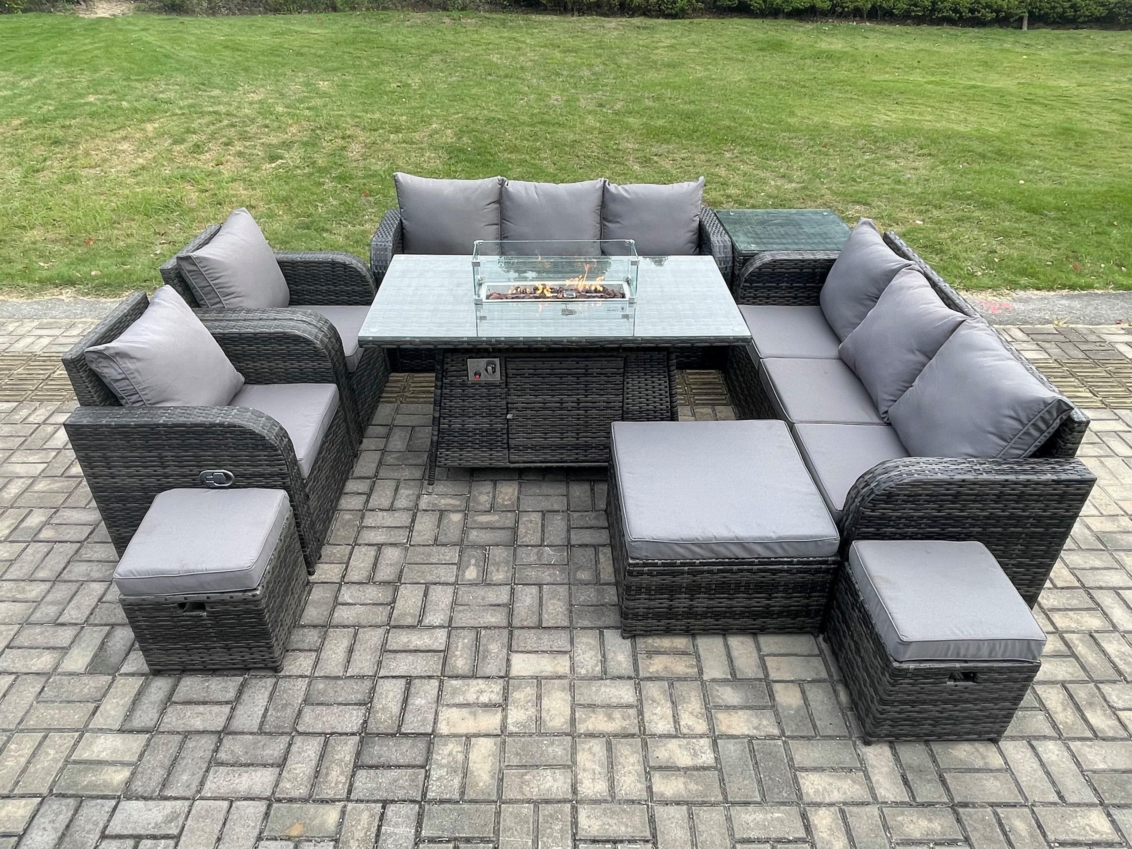 Wicker Rattan Garden Furniture Set Gas Fire Pit Dining Table Indoor Outdoor Side Tables Chair Loveseat Sofa