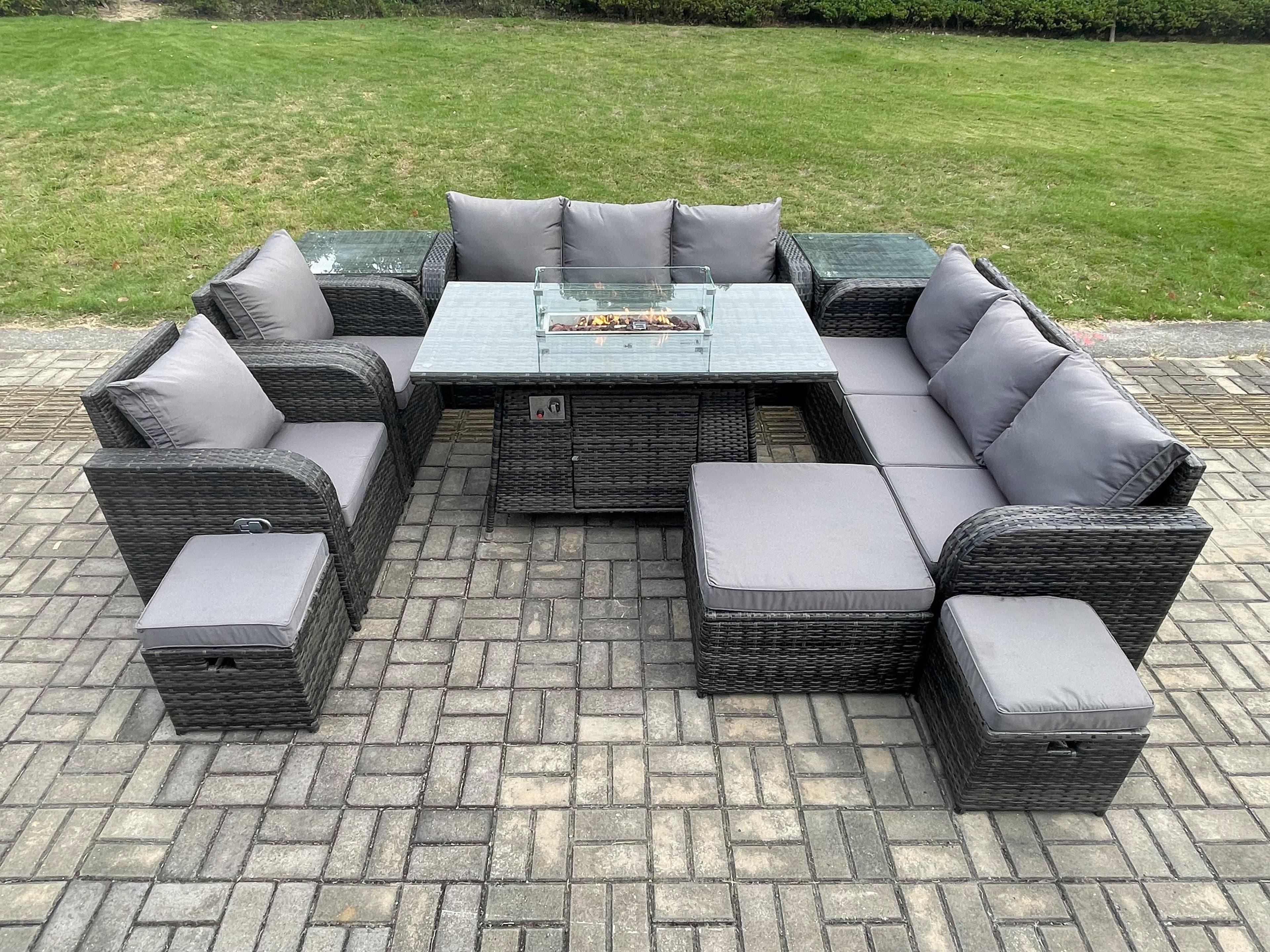 Wicker Rattan Garden Furniture Set Gas Fire Pit Dining Table Indoor Outdoor 2 Side Tables Chair Loveseat Sofa