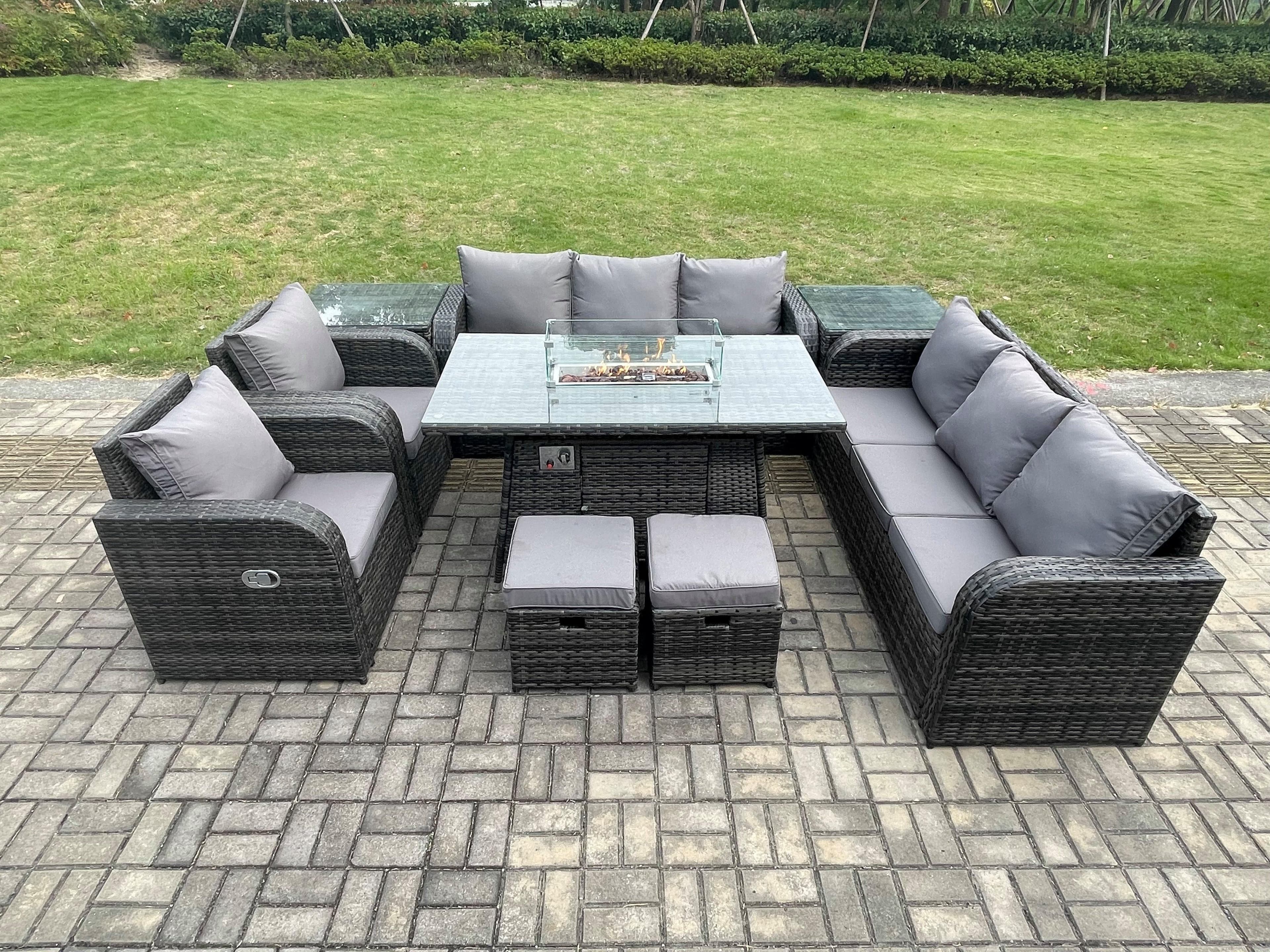 Wicker Rattan Garden Furniture Set Gas Fire Pit Dining Table Indoor Outdoor 2 Side Tables Chair Loveseat Sofa Footstool