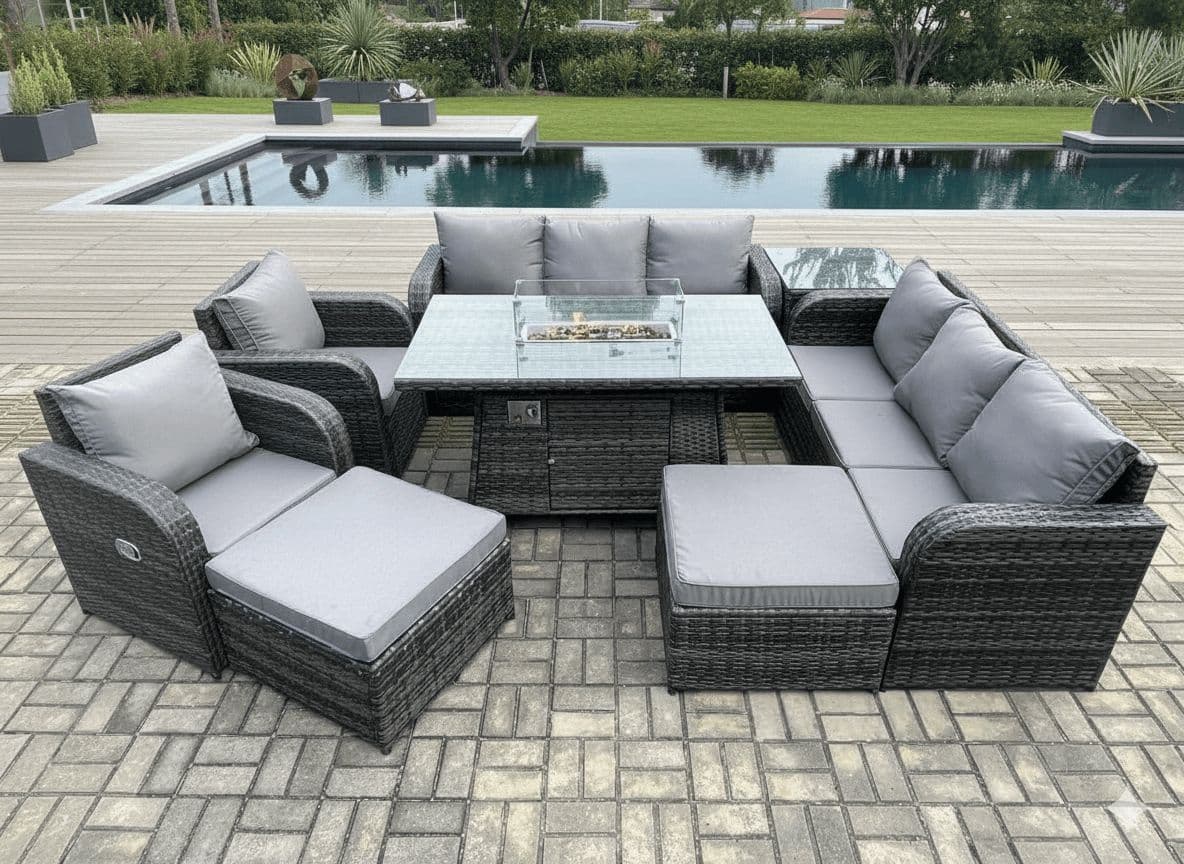 Rattan Outdoor Furniture Gas Fire Pit Rectangle Dining Table Gas Heater Adjustable Reclining Chair 3 Seater Sofa Sets