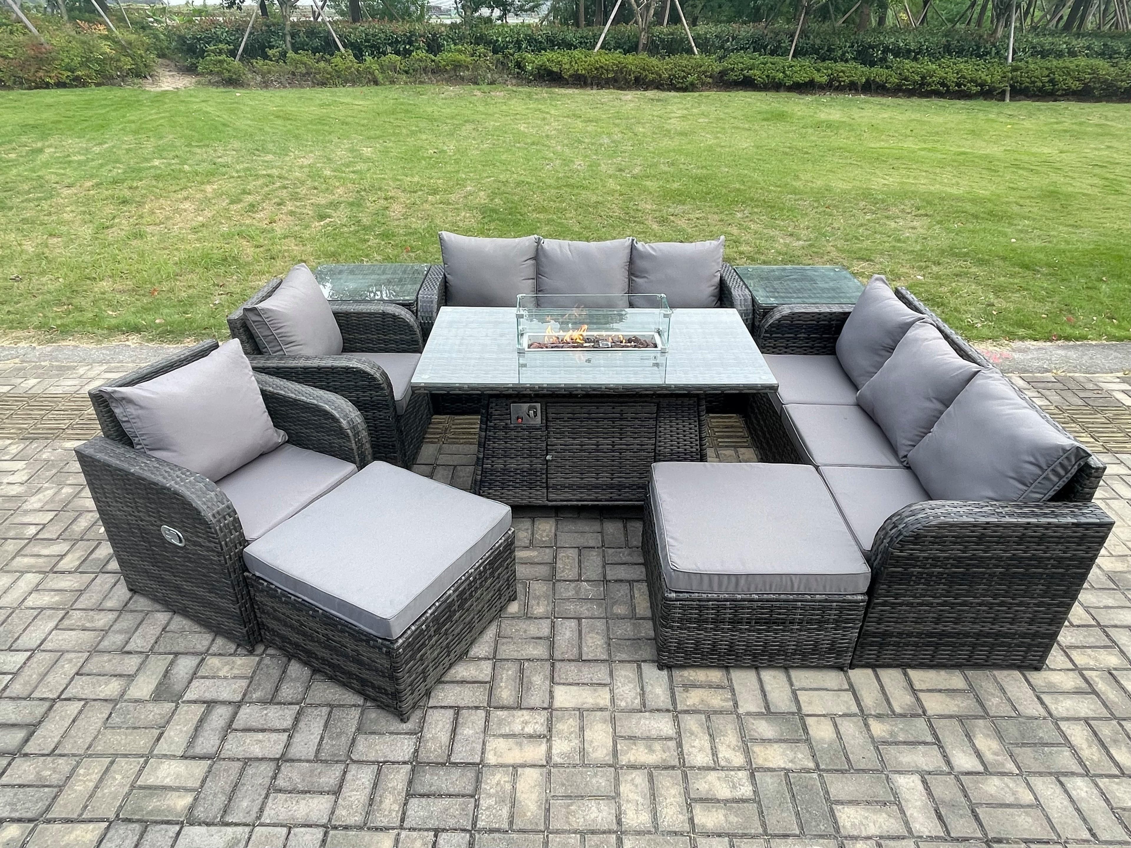 Rattan Outdoor Furniture Gas Fire Pit Rectangle Dining Table Gas Heater Reclining Chair 3 Seater Sofa Sets Side Table