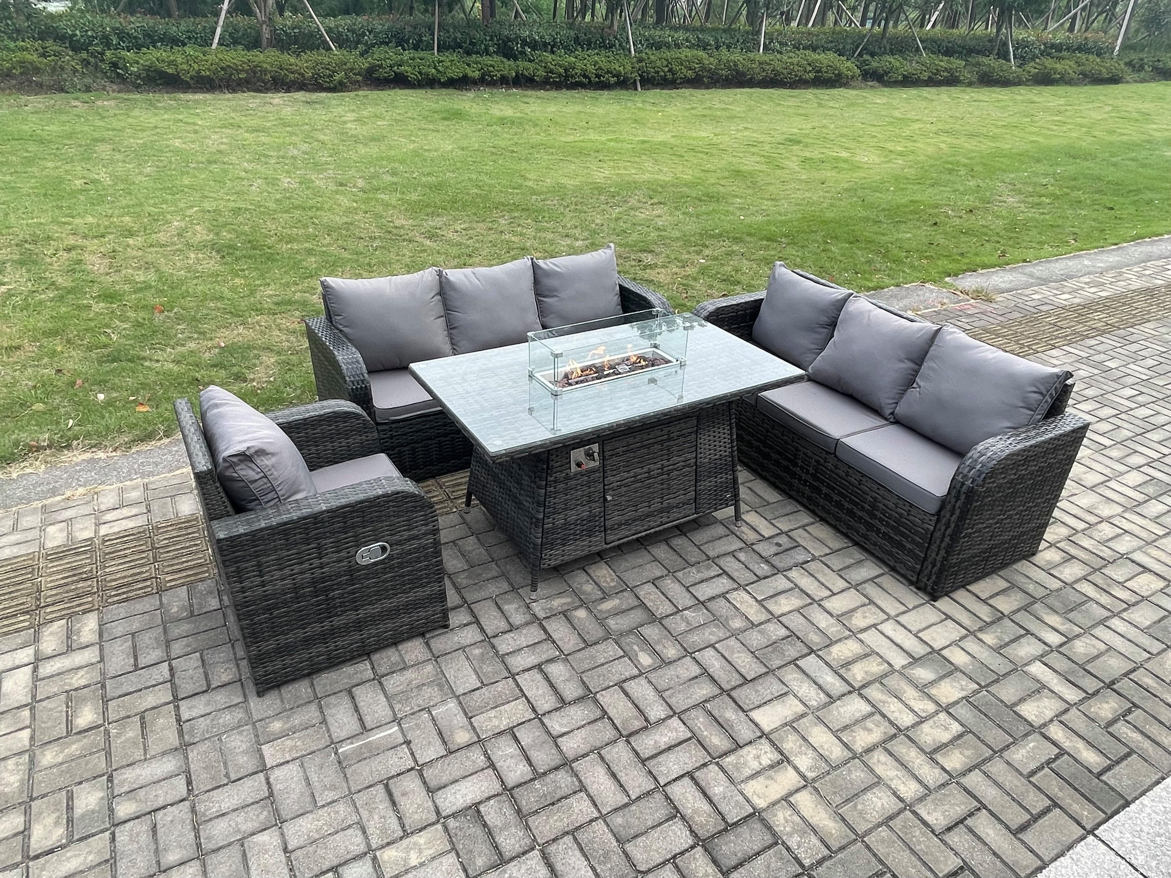 Rattan Outdoor Furniture Gas Fire Pit Rectangle Dining Table Gas Heater Reclining Chair 3 Seater Sofa Sets 7 Seater