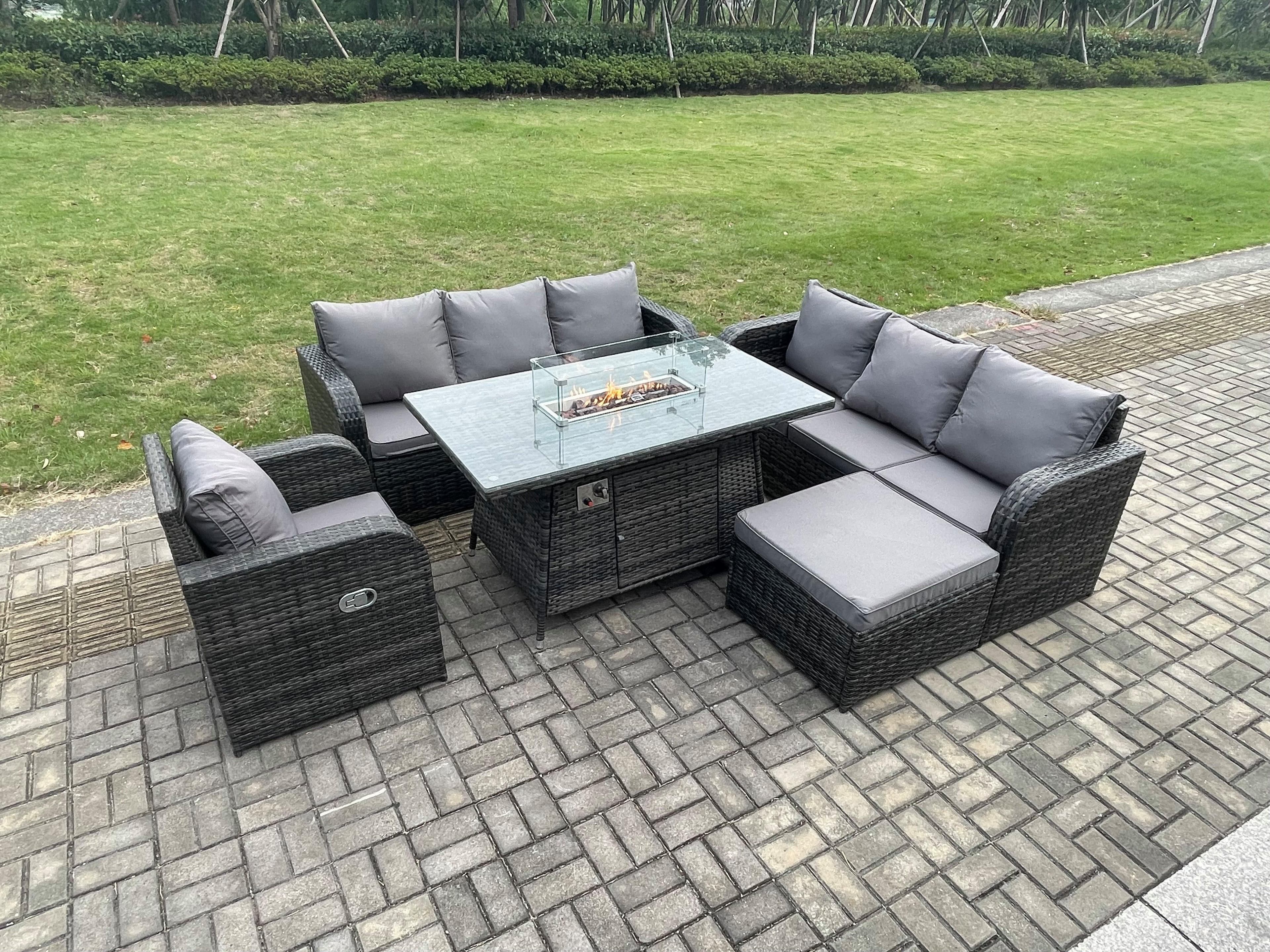 Rattan Outdoor Furniture Gas Fire Pit Dining Table Gas Heater Reclining Chair 3 Seater Sofa Sets Big Footstool 8 Seater