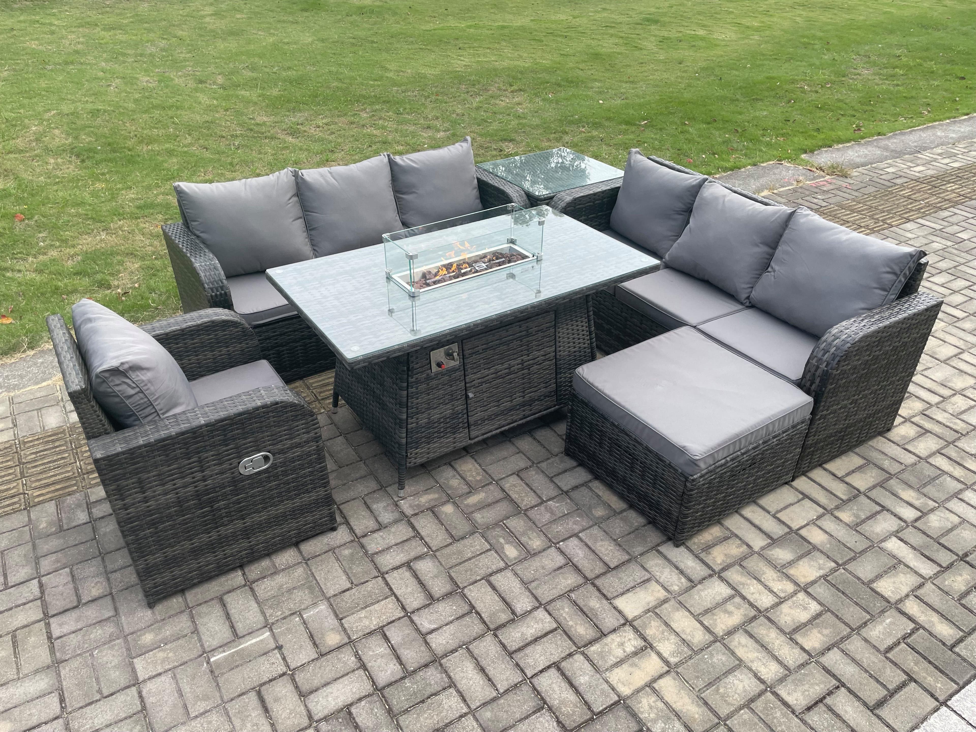 Rattan Outdoor Furniture Gas Fire Pit Dining Table Gas Heater Reclining Chair 3 Seater Sofa Sets Big Footstool