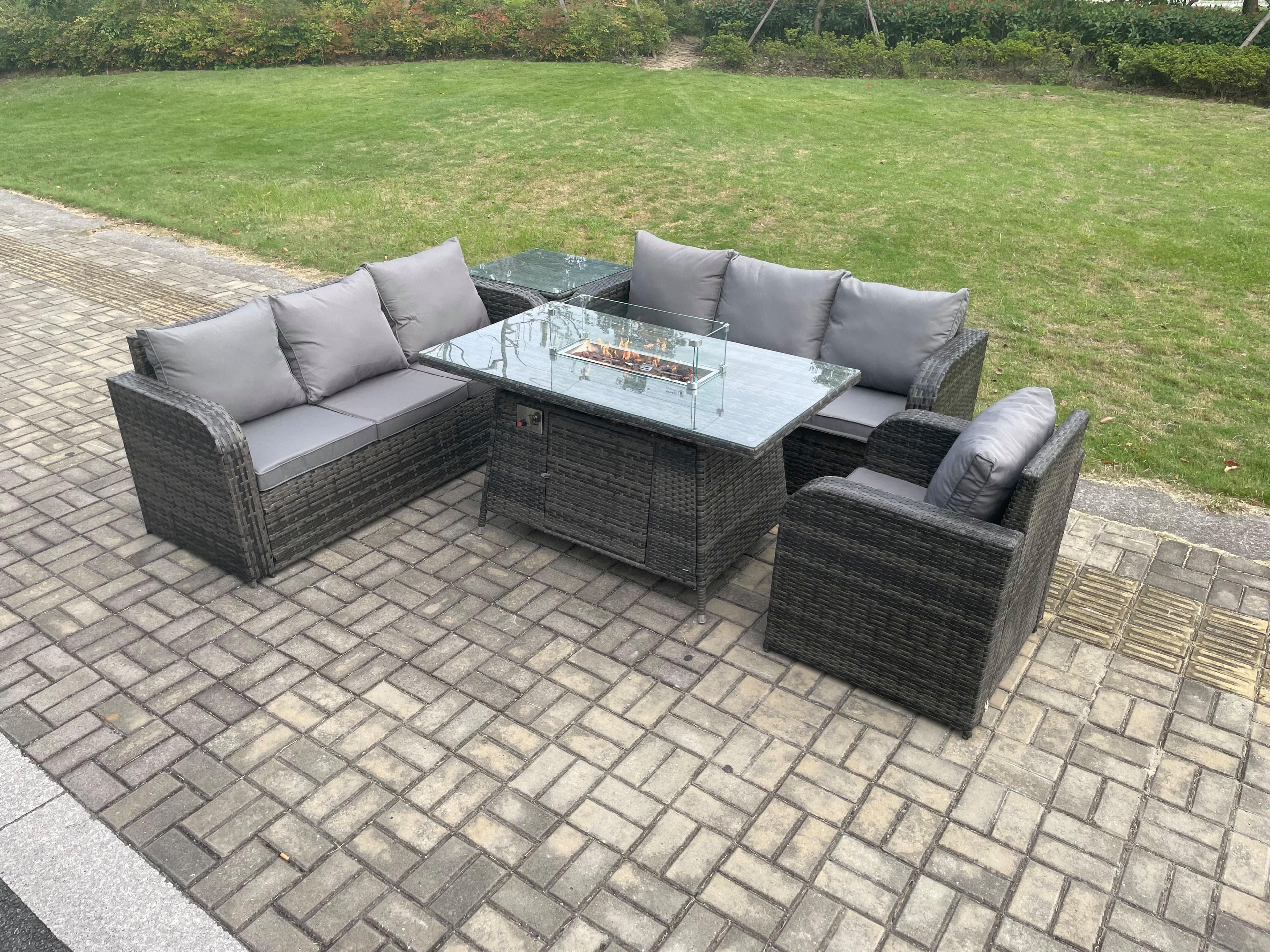Rattan Outdoor Furniture Gas Fire Pit Dining Table Gas Heater Reclining Chair 3 Seater Sofa Sets Side Table 7 Seater