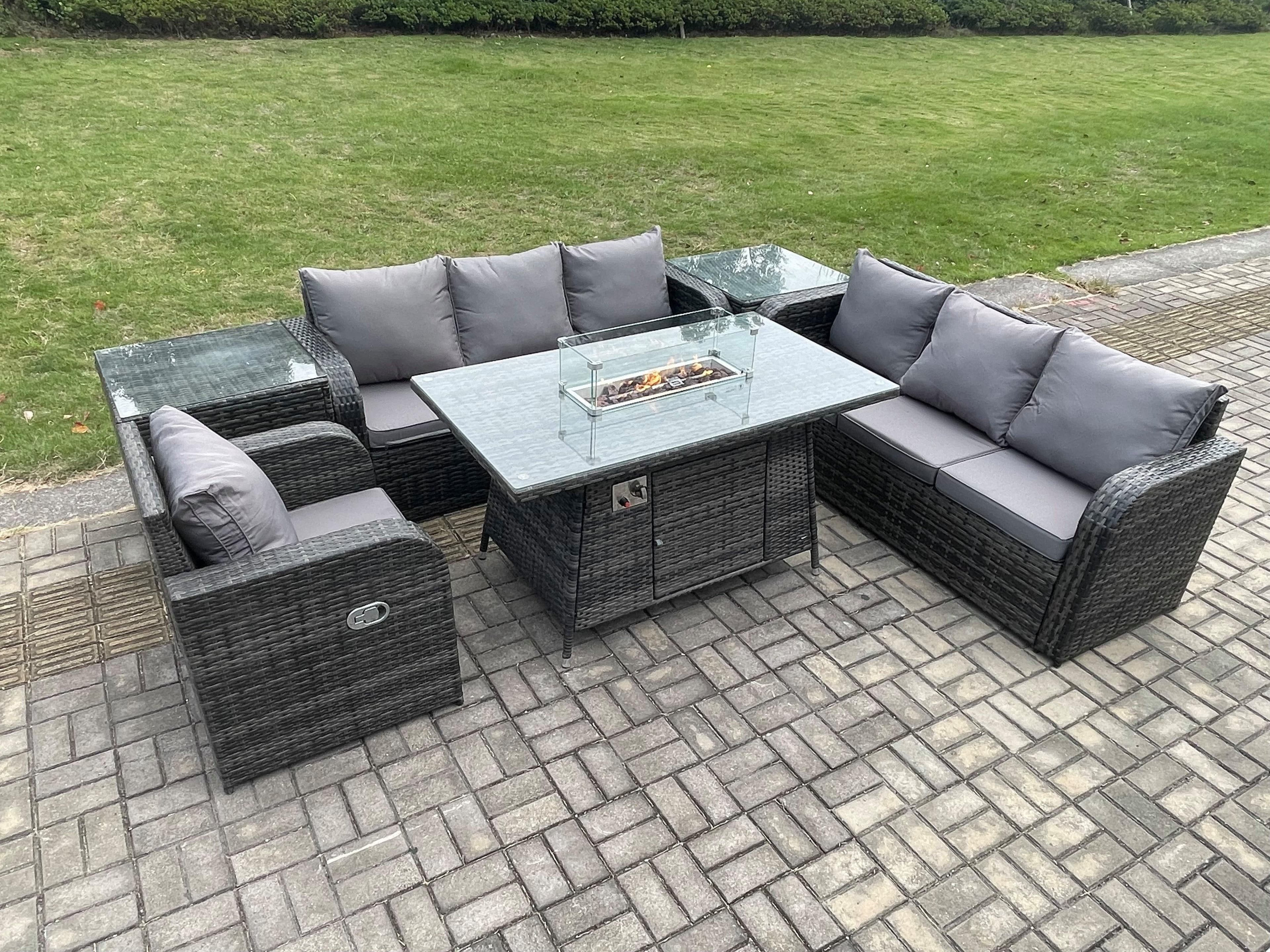 Rattan Outdoor Furniture Gas Fire Pit Dining Table Gas Heater Reclining Chair 3 Seater Sofa Sets 2 Side Tables 7 Seater