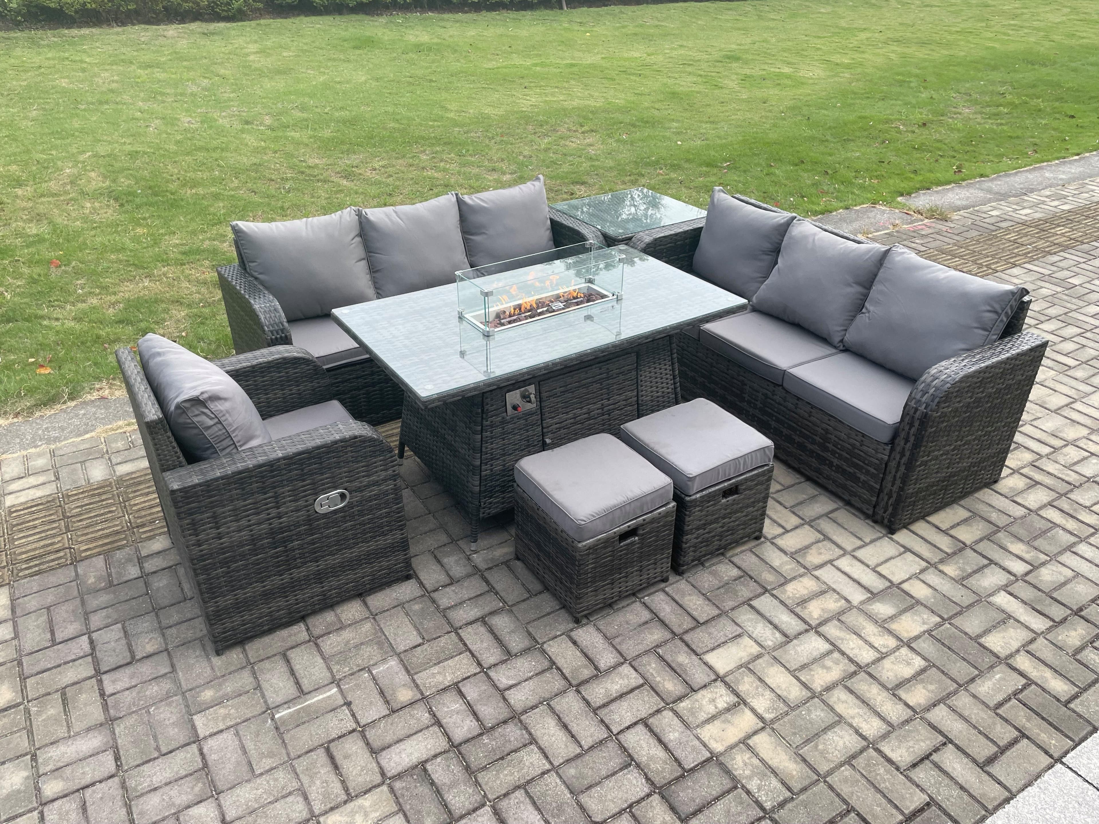 Rattan Outdoor Furniture Gas Fire Pit Rectangle Dining Table Gas Heater Reclining Chair 3 Seater Sofa Sets 2 Small Footstools