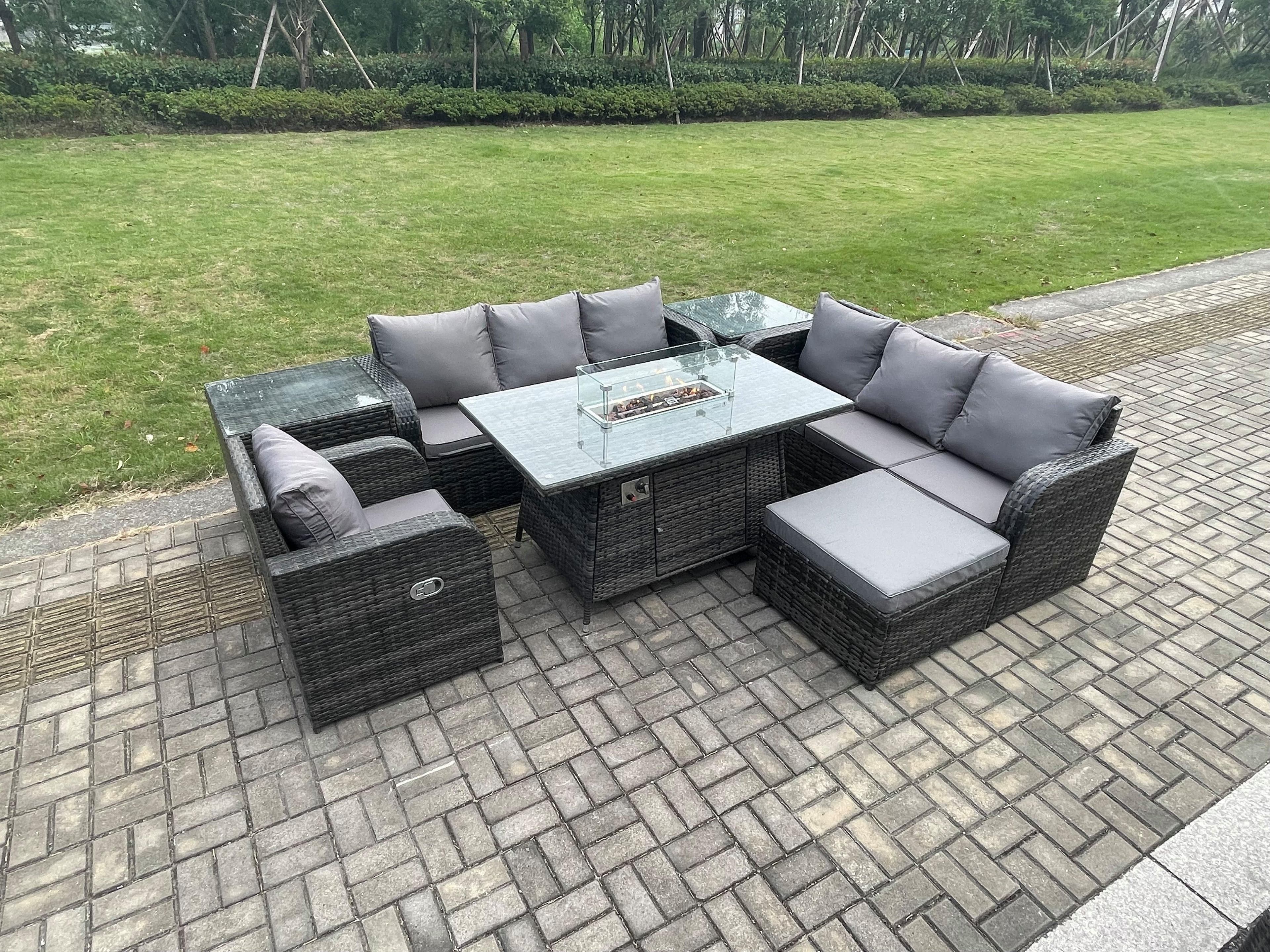 Rattan Outdoor Furniture Gas Fire Pit Rectangle Dining Table Gas Heater Reclining Chair Sets Big Footstool 2 Side Tables