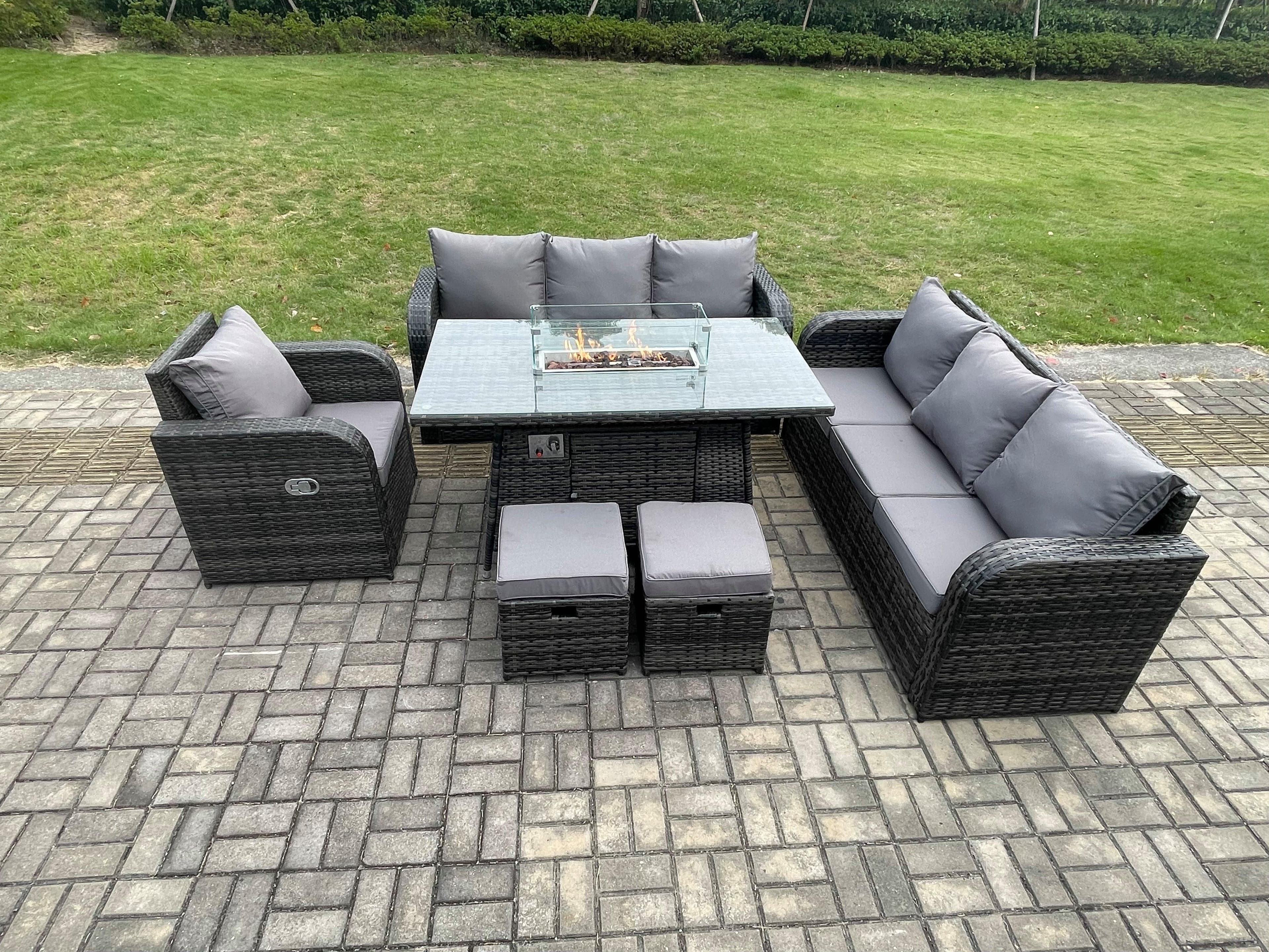 9 Seater Wicker Rattan Garden Furniture Set Gas Fire Pit Dining Table Reclining Chair 3 Seater Sofa Set Indoor Outdoor 2 Footstools