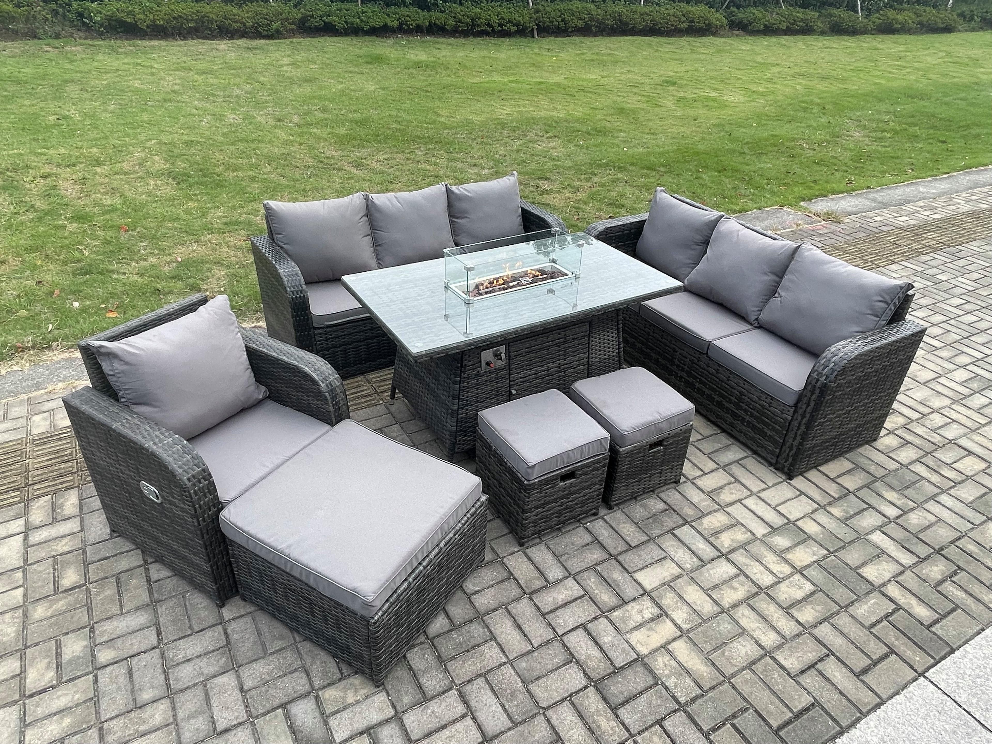 10 Seater Wicker Rattan Garden Furniture Set Gas Fire Pit Dining Table Reclining Chair 3 Seater Sofa Set Indoor Outdoor 3 Footstools